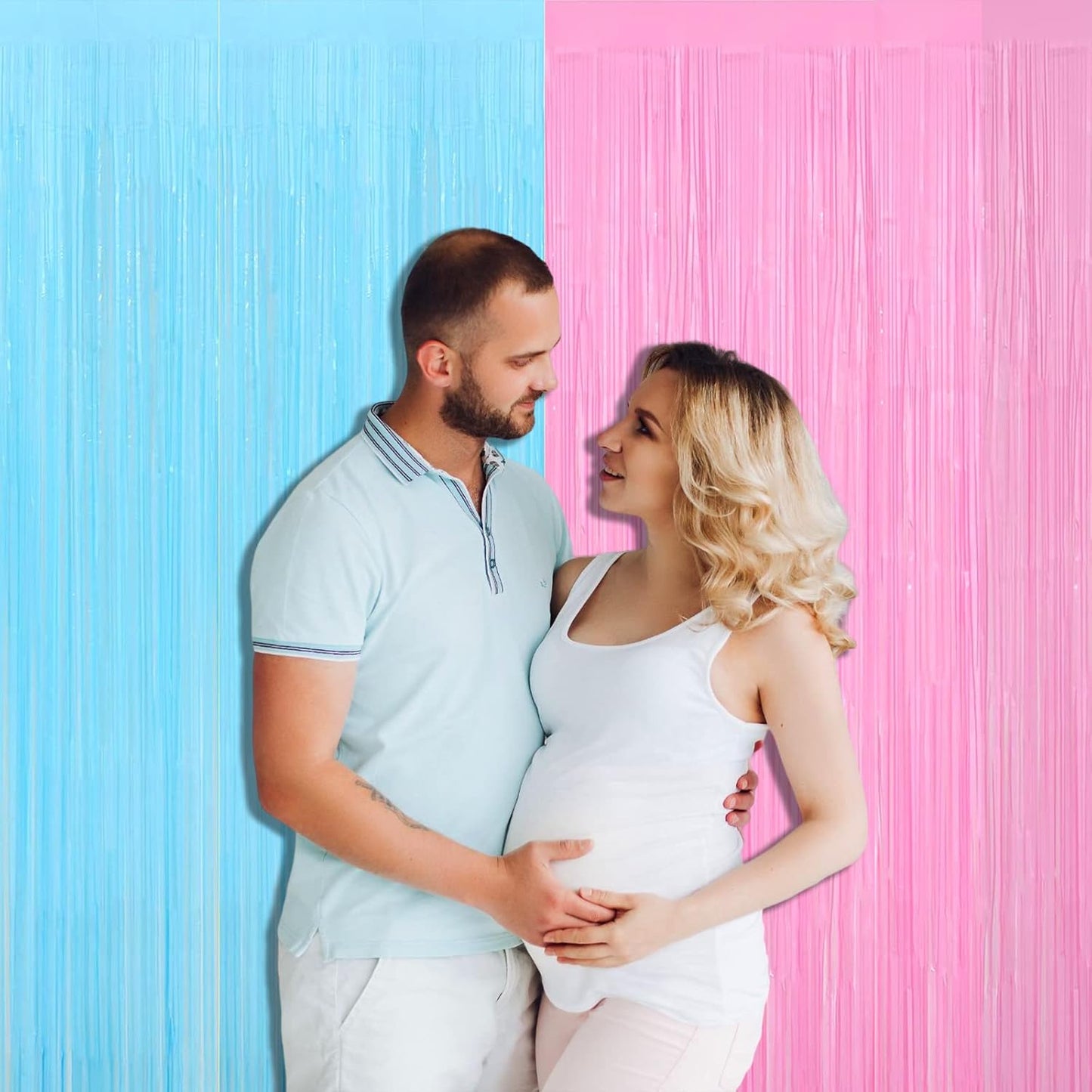 4 Pack Macaron Pink Blue Foil Fringe Curtain Backdrop, 3.28Ft x 9.8Ft Metallic Tinsel Foil Fringe Streamers for Photo Booth, Wedding Gender Reveal Backdrop Boy or Girl Birthday Party Decoration