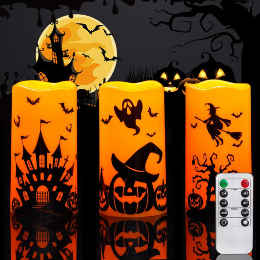 Homemory Halloween Candles, Orange Flameless Candles, Battery Operated Decals Plastic LED Pillar Candles with Remote Timers for Outdoor Day of The Dead, Halloween Spooky Decor, Waterproof, Set of 3