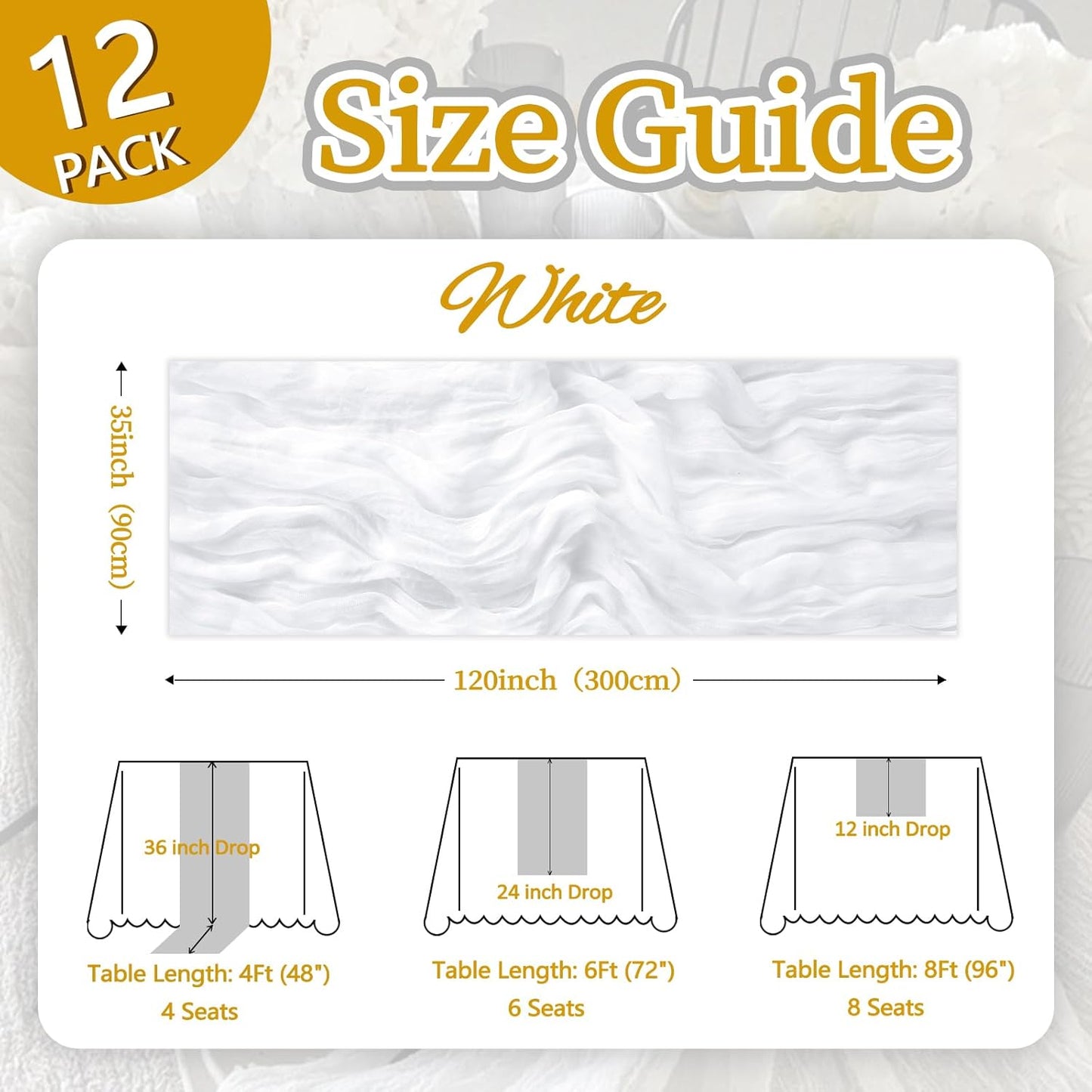 12 Pack White Cheesecloth Table Runner 10ft Boho Gauze Fabric Cheese Cloth Table Runner 35 x 120 Inch Rustic Sheer Runner for Romantic Wedding Decor Baby Shower Party Table Centerpiece Decoration