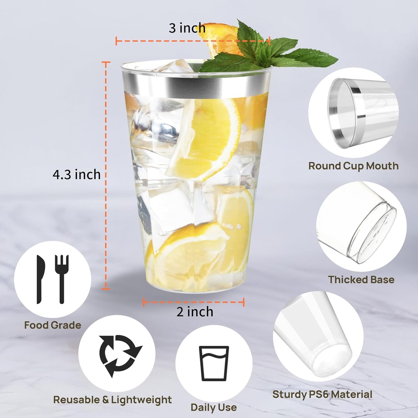 [200 Pack 12oz Clear Plastic Cups with Silver Rimmed Sturdy & Food Safe Disposable Wine Glasses Party Cups Wedding Cups Disposable Drinking Cups for Wine, Juice, Cocktails and Cold Beverages