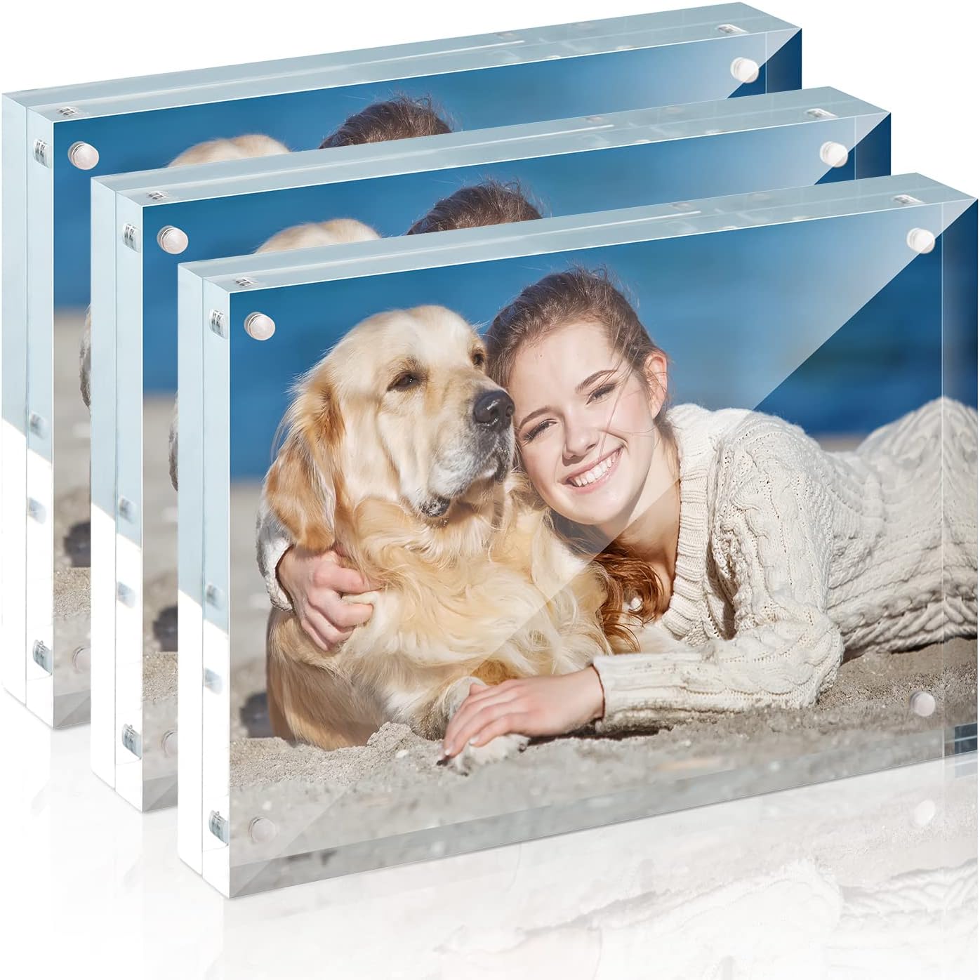 TWING 5 x 7 Inch 3 Pack Acrylic Photo Frame Horizontal Magnet Double Sided Acrylic Picture Frames Set with Microfiber Cloth,10+10MM Thickness Clear Picture Frame Desktop Display Gift Ideal