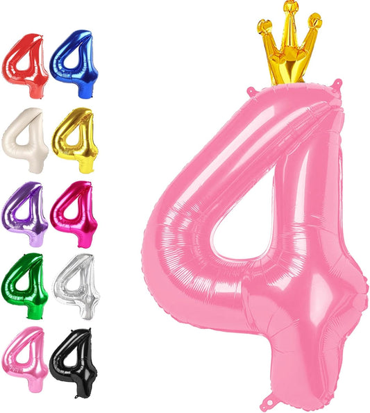 40 Inch Pink Crown Large Number 4 Balloons, Giant Foil Number Four 14 24 34 40 44 Balloons, Pink Crown Mylar Big Balloon for Anniversary Graduation Decorations