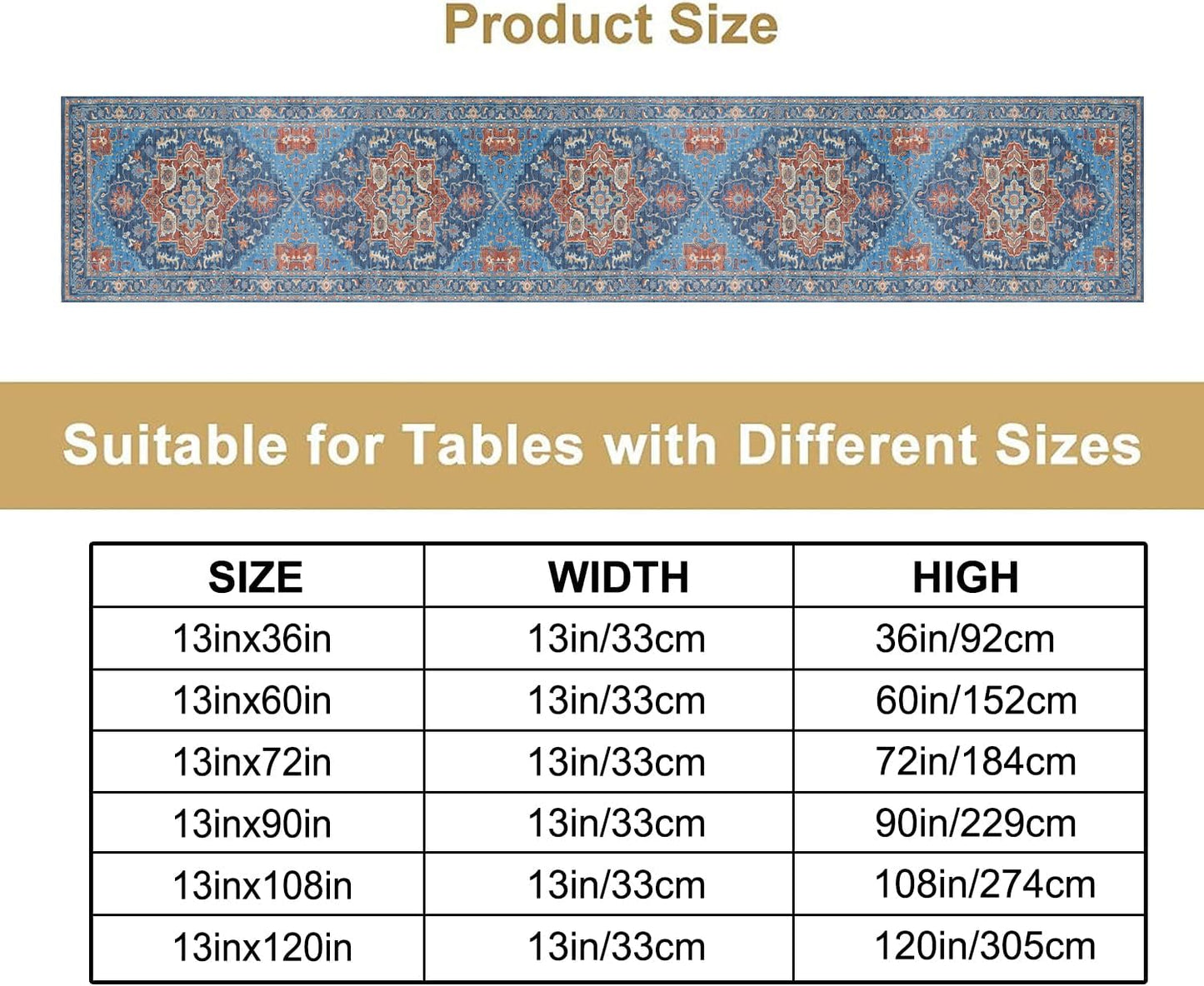 Boho Floral Vintage Table Runner, Retro Abstract Blue Flower Rustic Country Farmhouse Pattern for Home Kitchen Table Decor Dining Coffee Room Party Decor 13x120in