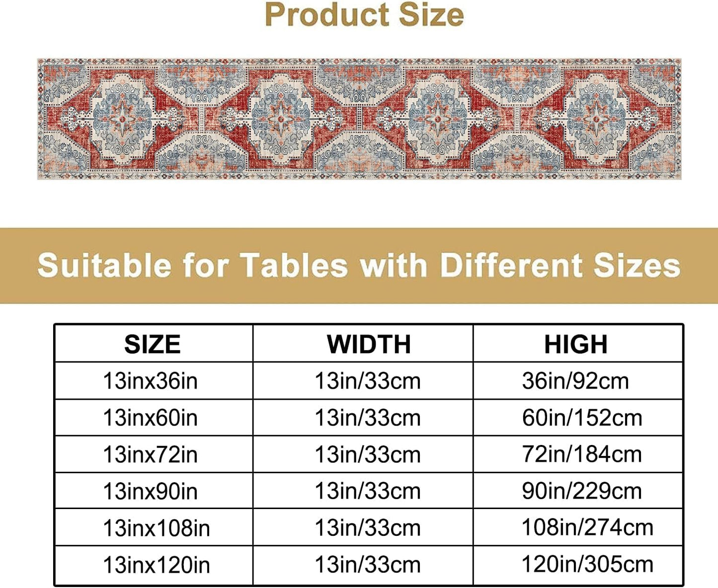 Boho Floral Vintage Table Runner, Retro Blue Red Flower Rustic Country Farmhouse Abstract Pattern for Home Kitchen Table Decor Dining Coffee Room Party Decor 13x90in