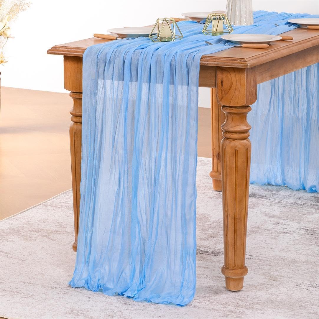 MLMW 3 Pack Light Blue Cheesecloth Table Runner Boho Gauze Rustic Cheese Cloth 160 inch Sheer Baby Blue Coastal Table Runner 13.3ft for Wedding Party Baby Bridal Shower Birthday