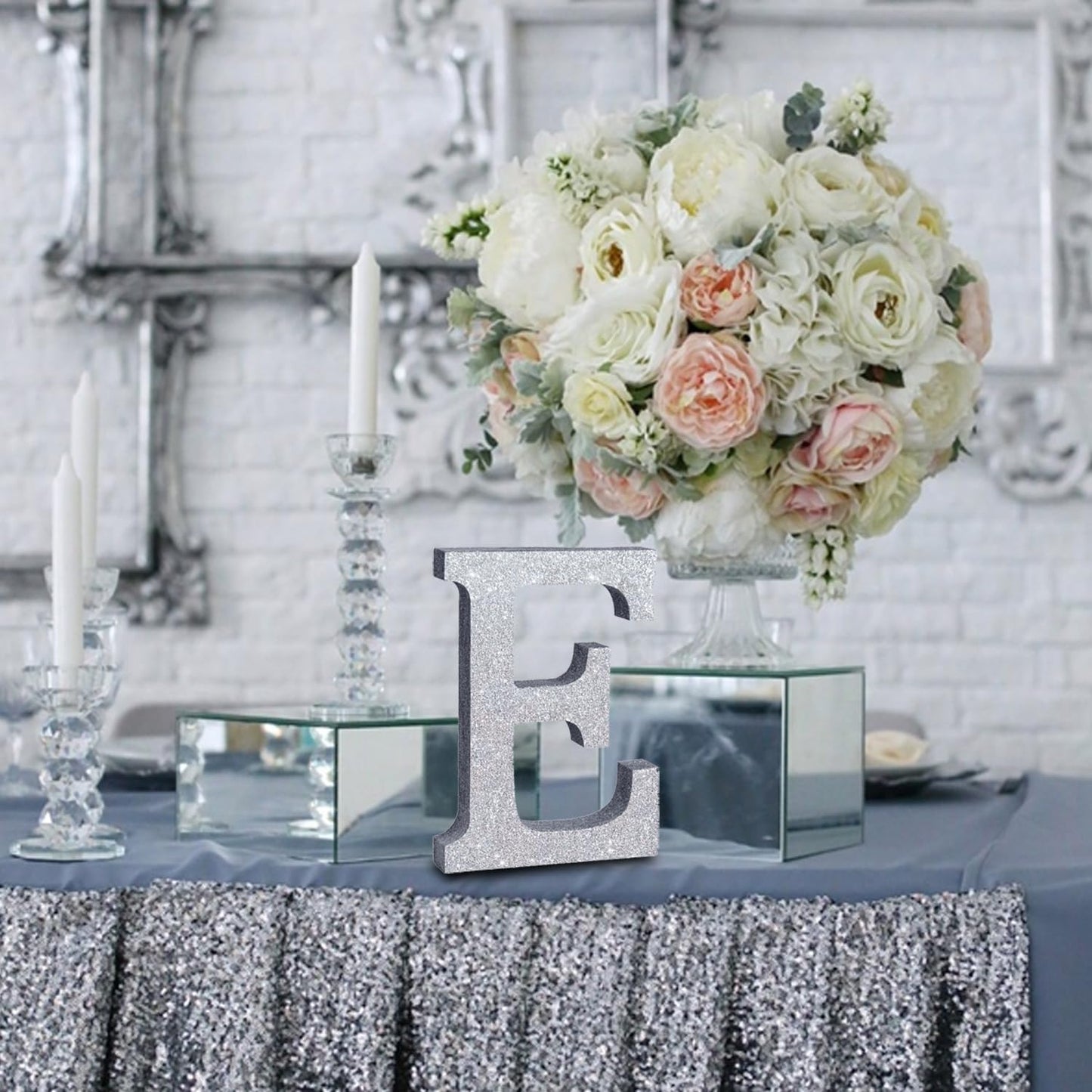 TONIFUL 8 Inch Silver Glitter Letter E Table Centerpiece A-Z Silver Birthday Party Decorations,Silver Alphabet E for Birthday,Chrismas,Graduation,Bridal Shower,Wedding,Anniversary Party Supplies