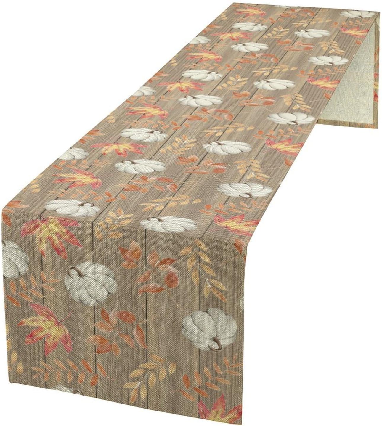 Autumn Table Runner,Pumpkins Maple Leaves Wood Fall r Seasonal Table Runner Kitchen Dining Table Decoration for Home Party Decor 13x36 Inch