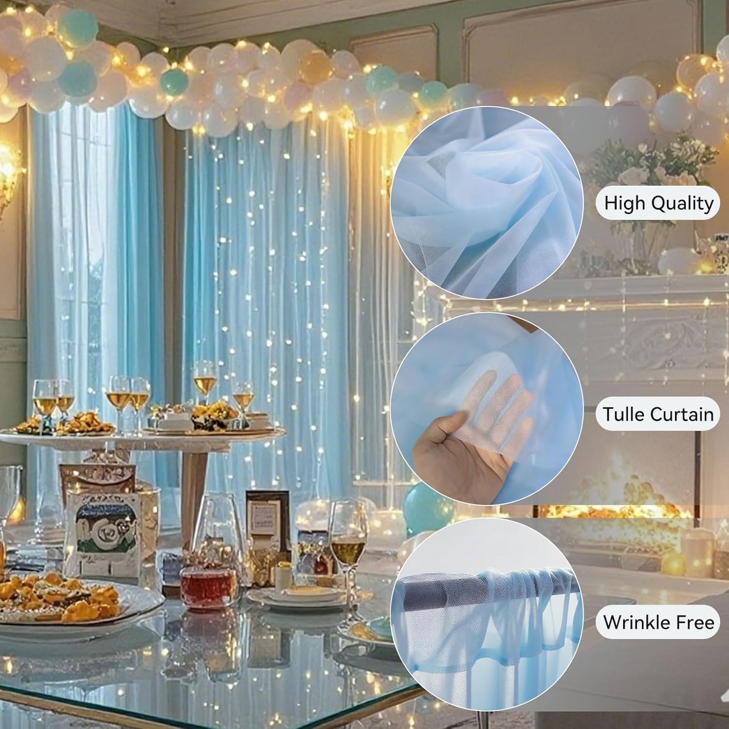 10×10ft Tulle Backdrop Curtains with Lights String - 300LED Fairy Lights Sheer Curtain Backdrop for Weddings Baby Shower and Birthday Party Decorations(4 Panels 5×10ft)