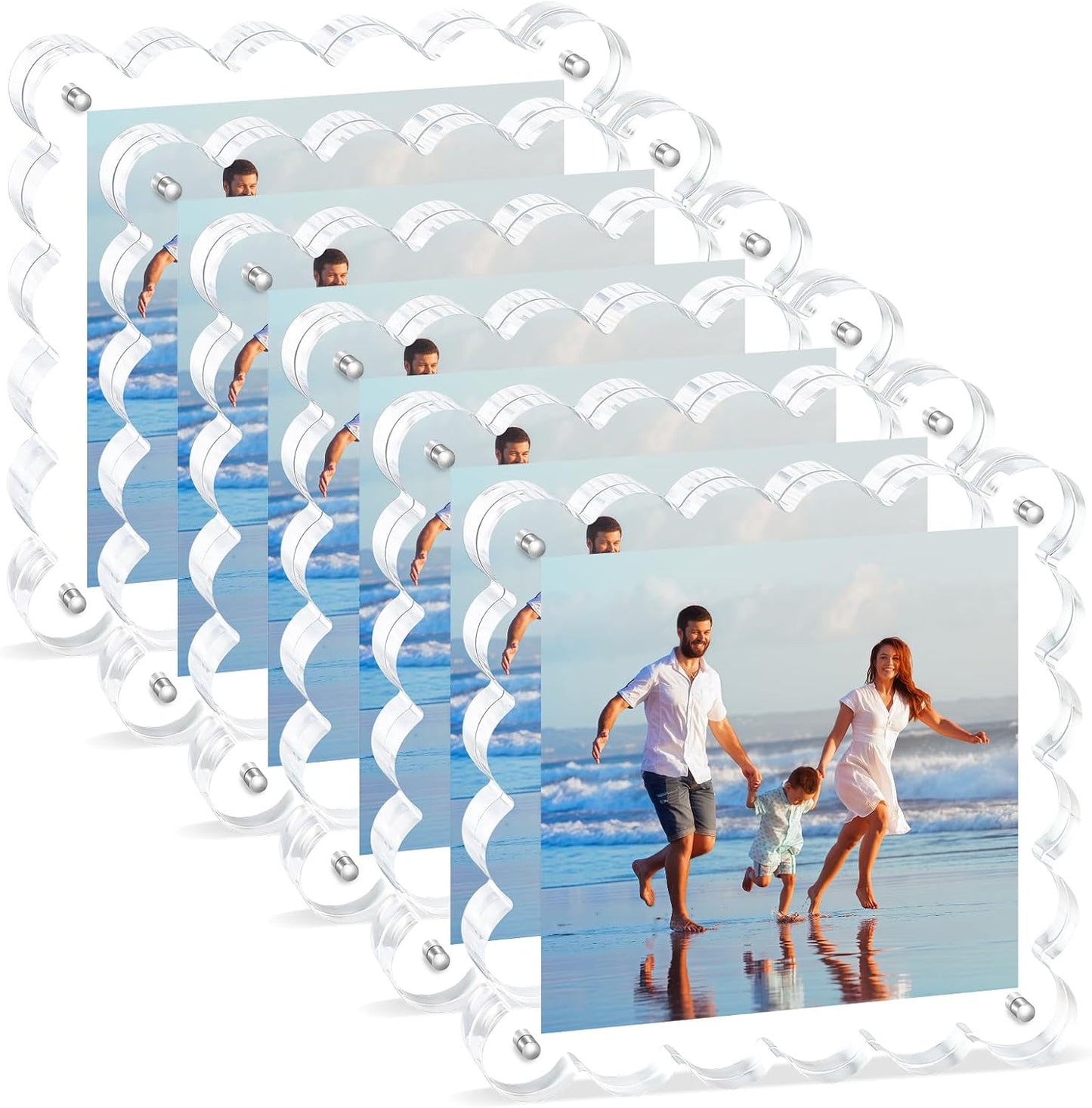 Acrylic Picture Frames. 5×5inch 6Pack - Double-Sided Scalloped Photo Frame, 20mm Ultra-Clear Block, Modern Desktop Display for Home/Office Decor (6 Pack, 5X5)
