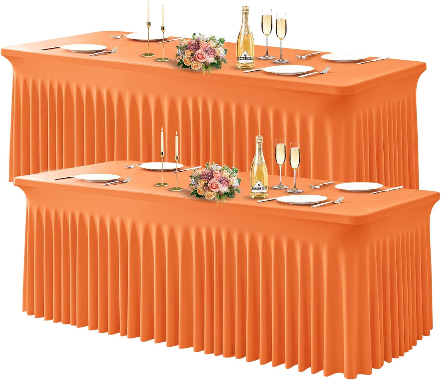 Wish Care 2 Pack Orange Spandex Table Clothes for 8 Foot Rectangle Tables, 8FT Wrinkle Free Fitted Tablecloths Ruffles Design Table Cover for Party, Banquet, Wedding and Events