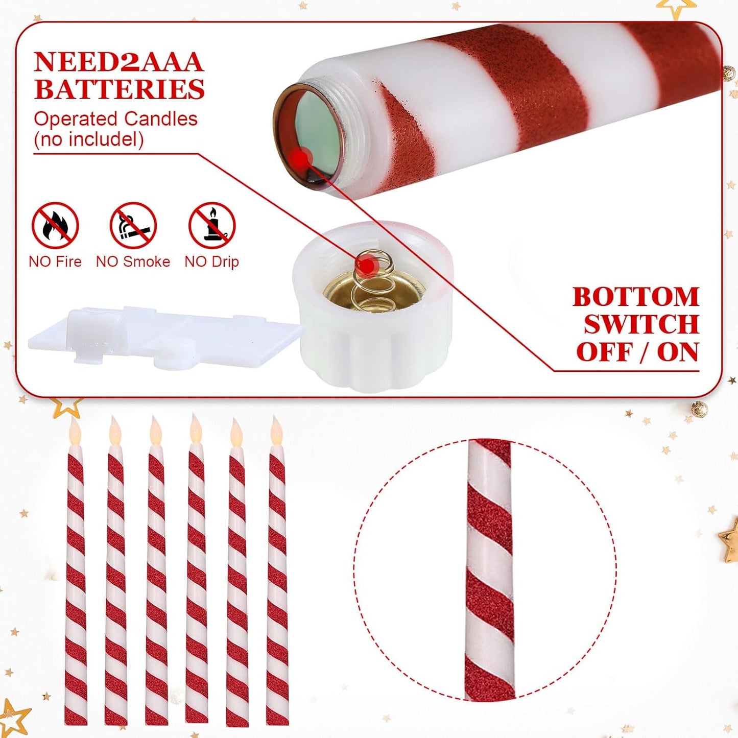 Baquler 6 Pcs Christmas Flameless Taper Candles 10.6 Inch Glitter Candy Cane Candles Battery Operated LED Christmas Candlesticks for Xmas Centerpiece Holiday Party Decor