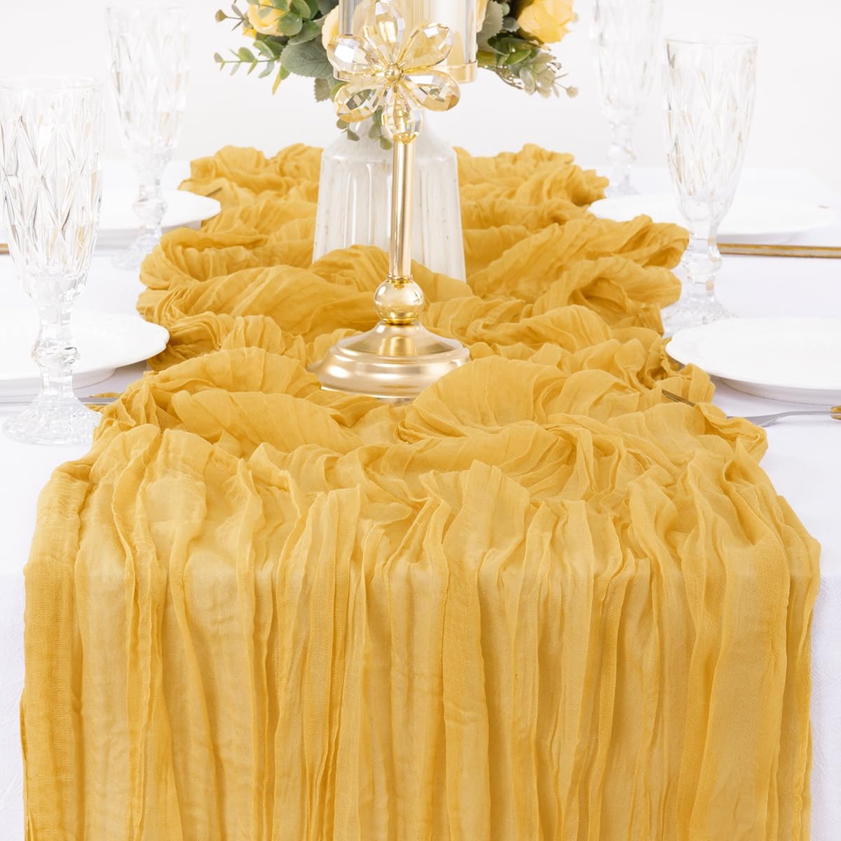 MLMW 6 Pack Fall Thanksgiving Table Runner Gold Cheesecloth Table Runner Halloween Boho Gauze Rustic Cheese Cloth 160 inch 13.3ft for Wedding Party Baby Shower Bridal Shower Holiday Decorations