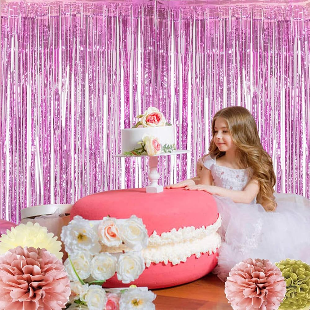 BEISHIDA 4 Pcs Pink Door Streamers Tinsel Curtain Party Streamers Backdrop Fringe Foil Wall Background for Birthday Christmas Wedding Pink Girls Valentine's Day Party Decoration(3.28 ft x 6.56 ft)