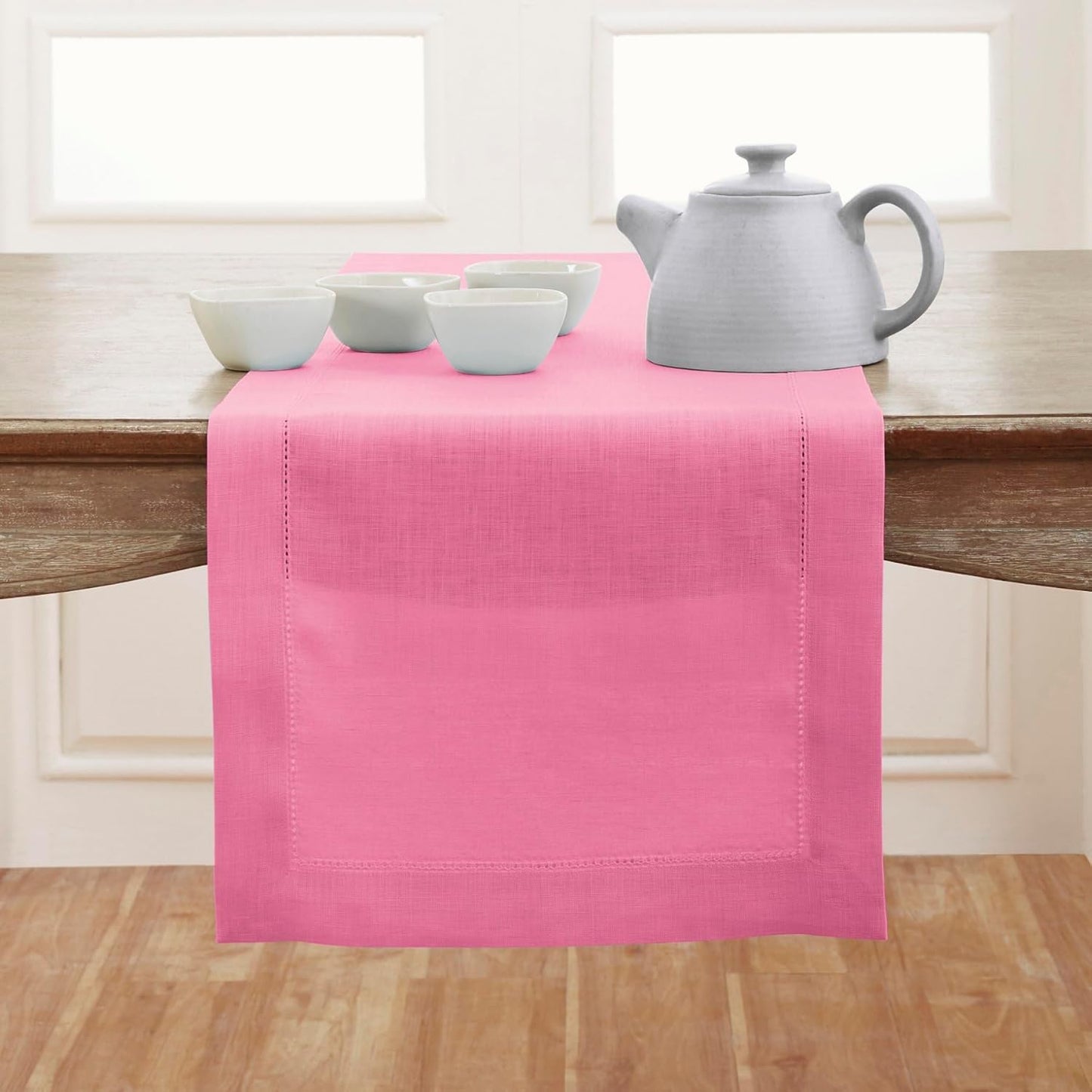 Solino Home Linen Table Runner 36 Inches - 100% Pure Linen Flamingo Pink Hemstitch Table Runner 14 x 36 Inch Ideal for Dresser and Coffee Tables - Halloween - Classic Hemstitch