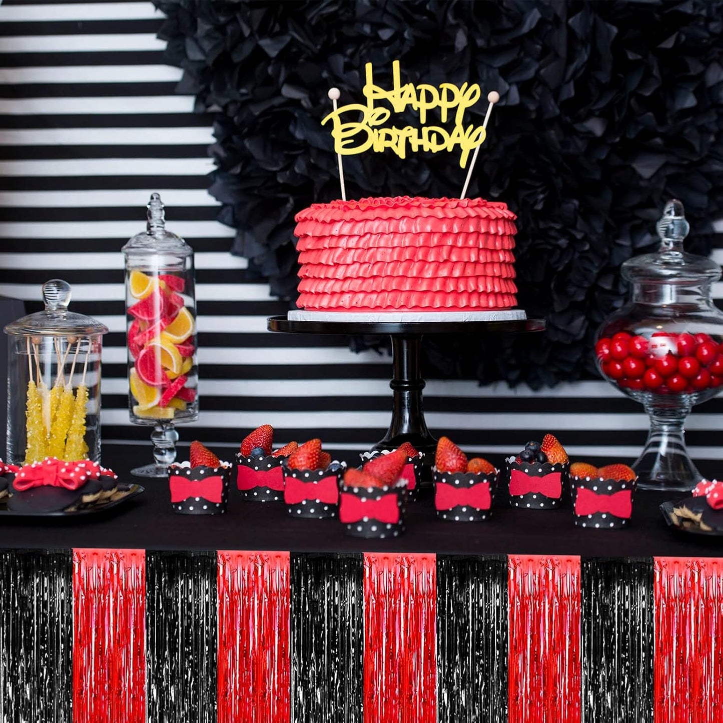 4 Pack 29x108 Inch Metallic Foil Fringe Tinsel Table Skirts for Rectangle Tables Streamer Backdrop for Wedding, Birthday, Parade Floats, Christmas, Halloween Party Decoration(Black Red)