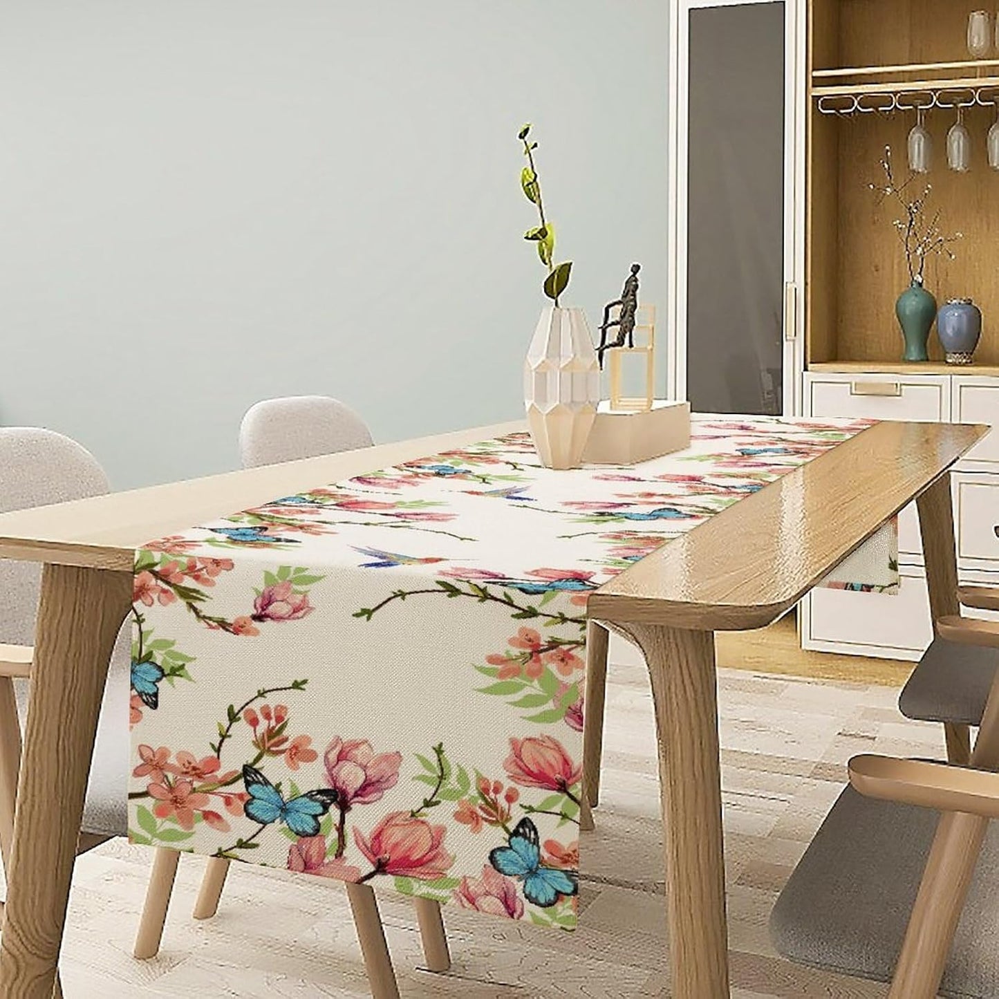 Floral Butterfly Table Runner Seasonal Spring Flower Bird Table Decoration Table Runner for Home Party Decoration 13x120 Inch