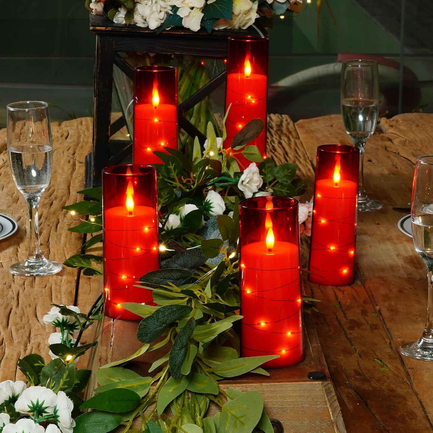 Raycare Flameless Candle with Remote Timer – 5 Flickering Acrylic Battery Operated LED Pillar Candles with Embedded Star String for Halloween, Home Decor, and as a Gift(Red)