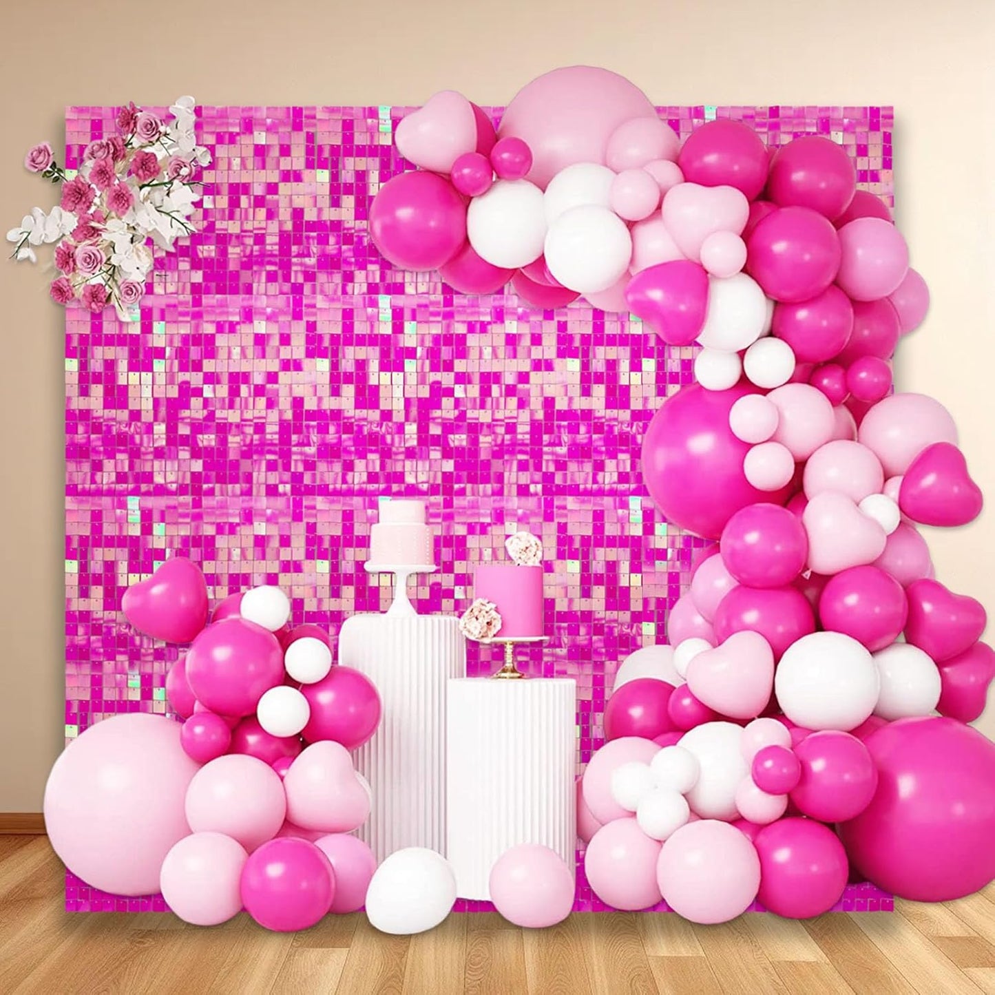 24PCS Colorful Pink Shimmer Wall Backdrop, Square Sequin Photo Backdrops Panel, Glitter Wall Background for Birthdays, Weddings, Christmas, Engagements, Disco Bachelorette Party Decoration (4FTx6FT)