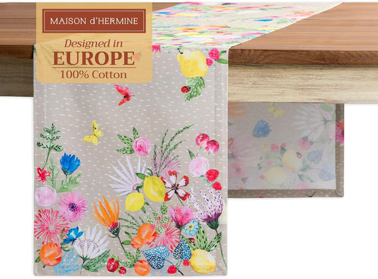 Maison d' Hermine Table Runner 100% Cotton Single Layer Table Runners 72 inches Long Decorative for Home Kitchen Dining Party Wedding Bridal Shower Spring Summer (Jardin D'Ete - Fog, 14.50" x 72")