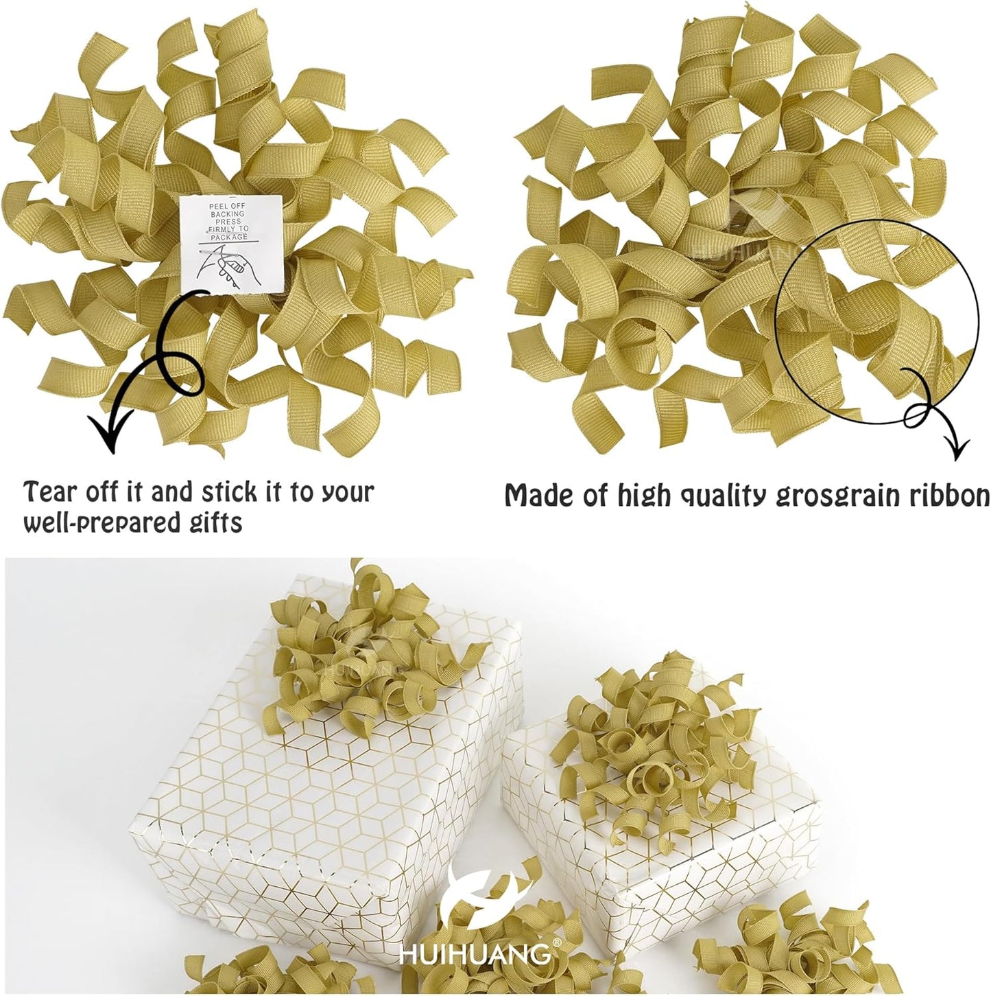 HUIHUANG Gold Bows for Gift Wrapping, Gold Curly Ribbon Bows Self Adhesive Burst Gift Bows for Present Box, Wine Bottle, Treat Bags, Wrap Accessories, Christmas Party Favor - 6 Counts