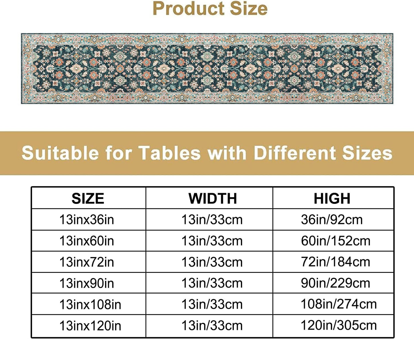 Vintage Boho Floral Table Runner, Rustic Country Farmhouse Blue Teal Red Bohemia Flower Pattern for Home Kitchen Table Decor Dining Coffee Room Party Decor 13x90in