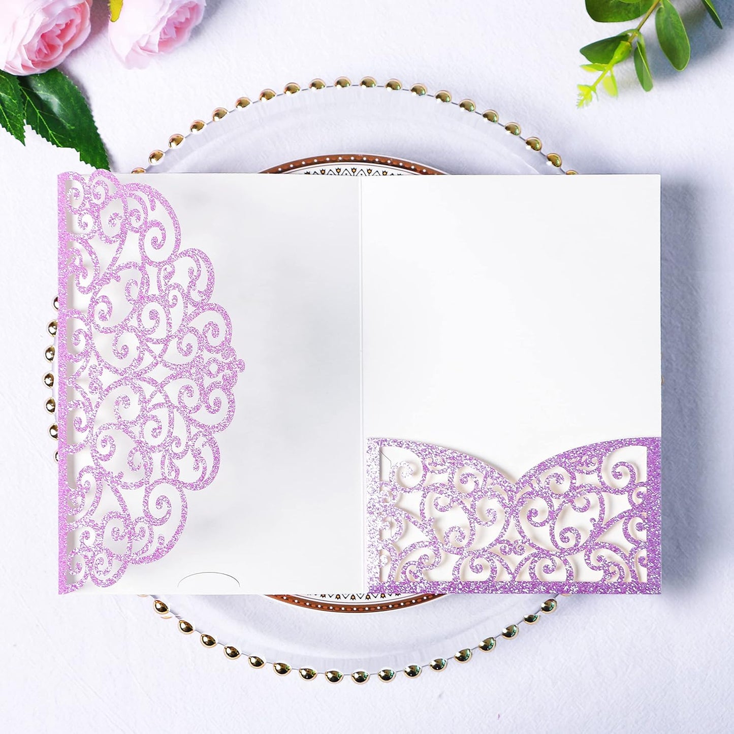 PONATIA 20 PCS Laser Cut Wedding Invitations Pockets with Envelopes for Wedding Party Bridal Shower Engagement Birthday Invite (Purple Glitter)