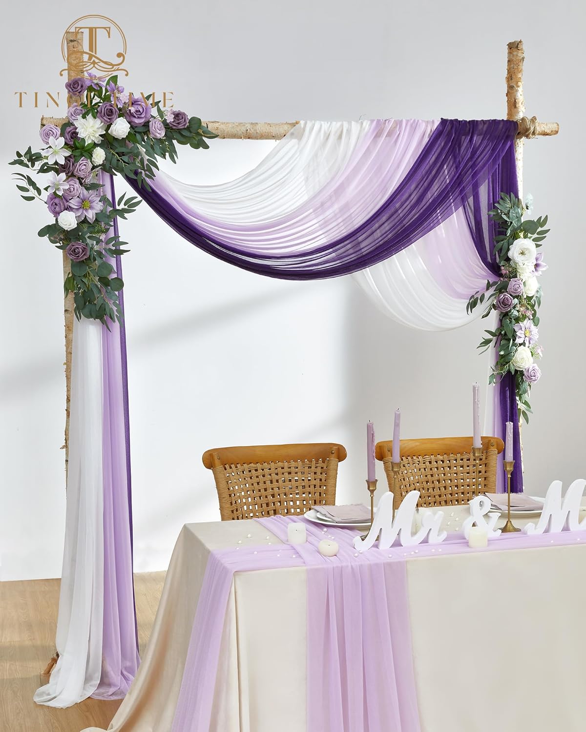 TINGE TIME 3 Panels Wedding Arch Draping Fabric, 30" x 20ft Gradient Purple Chiffon Fabric Wedding Arch Drapery Sheer Backdrop Curtain for Weddings Ceremony Party Decoration Bridal Show Reception