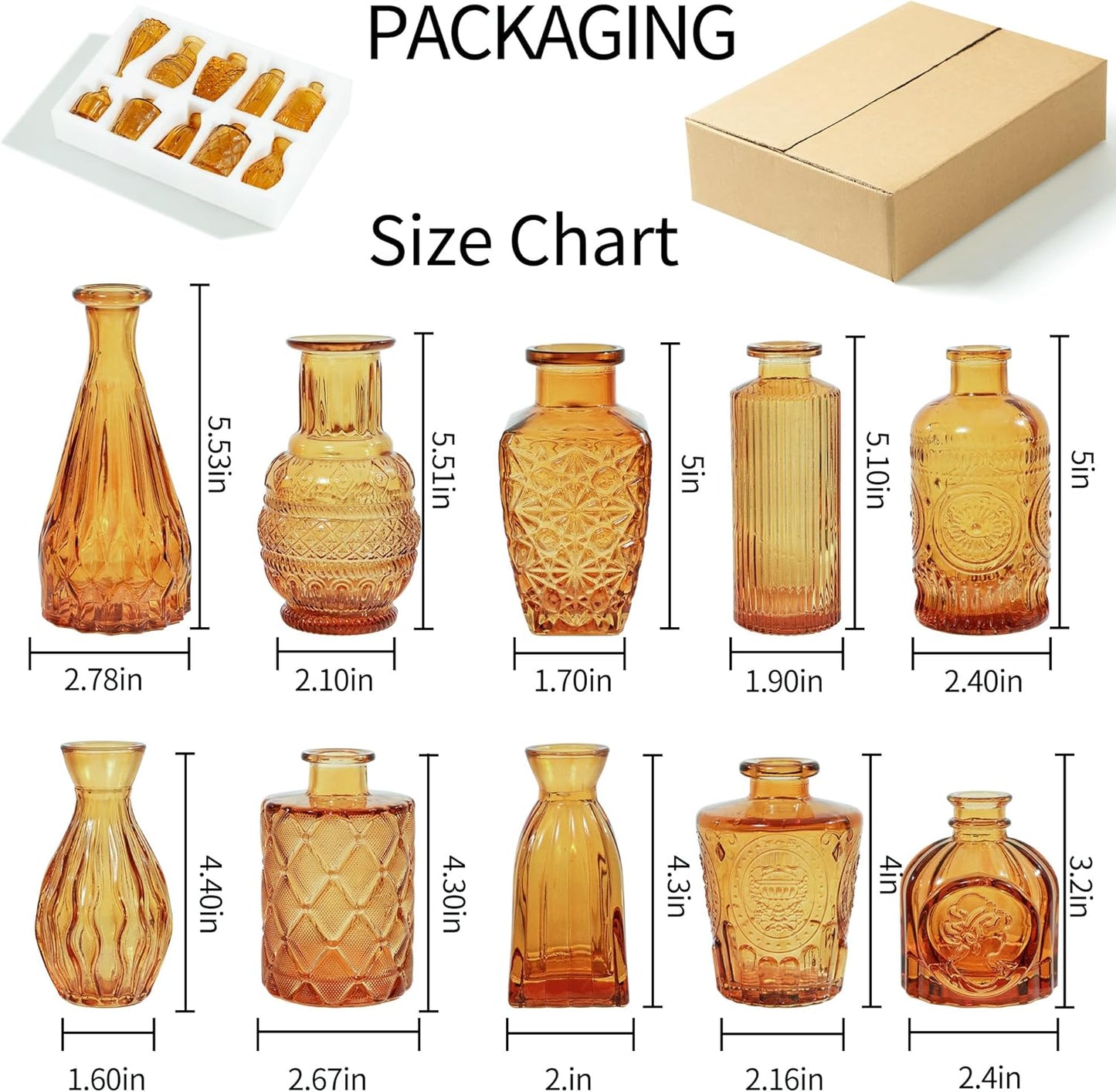 Vintage Small Glass Vases Set of 10,Mini Bud Vases for Flowers,Amber Glass Vases for Centerpieces,Wedding Decorations,Home Table Flower Decor (Amber)