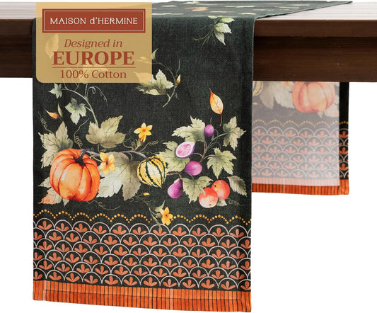 Maison d' Hermine Table Runner 100% Cotton Single Layer Table Runners 108 inches Long for Thanksgiving Christmas Decorations Home Kitchen Dining Wedding (Pumpkin Garden - Dark Green, 14.5" x 108")