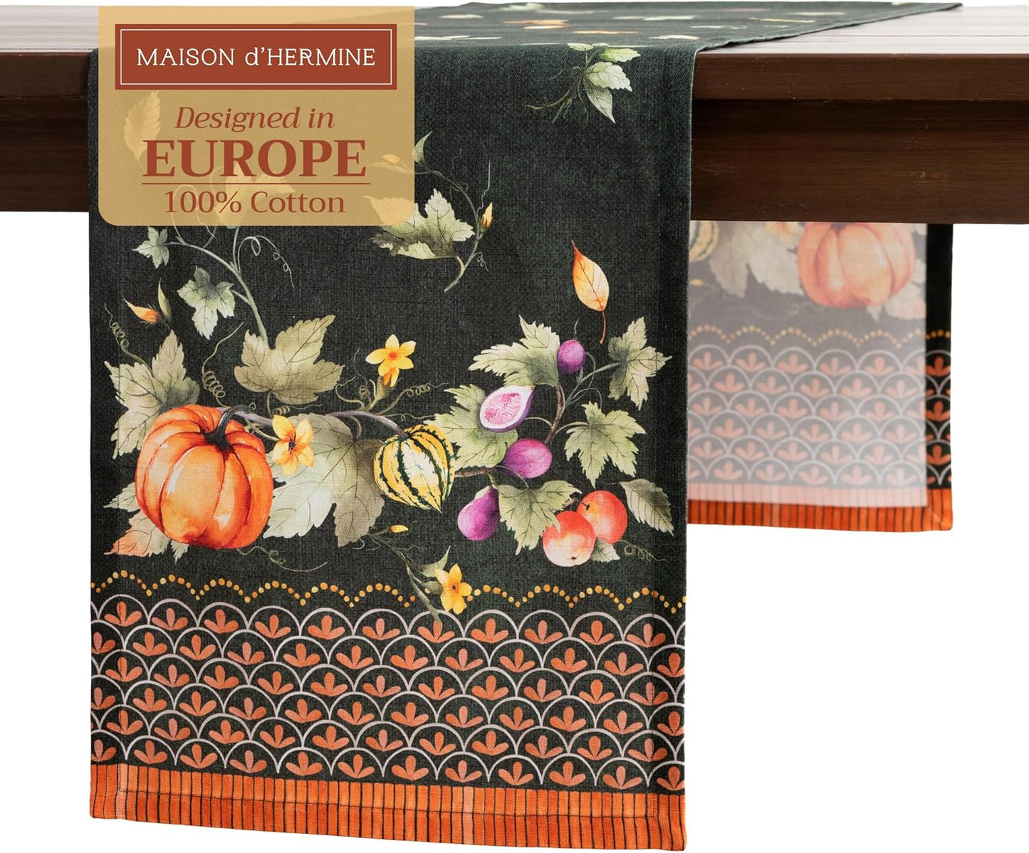 Maison d' Hermine Table runner 100% Cotton Single Layer Table Runners 72 inches long for Thanksgiving Christmas Decorations Home Kitchen Dining Party Wedding (Pumpkin Garden - Dark Green, 14.5" x 72")
