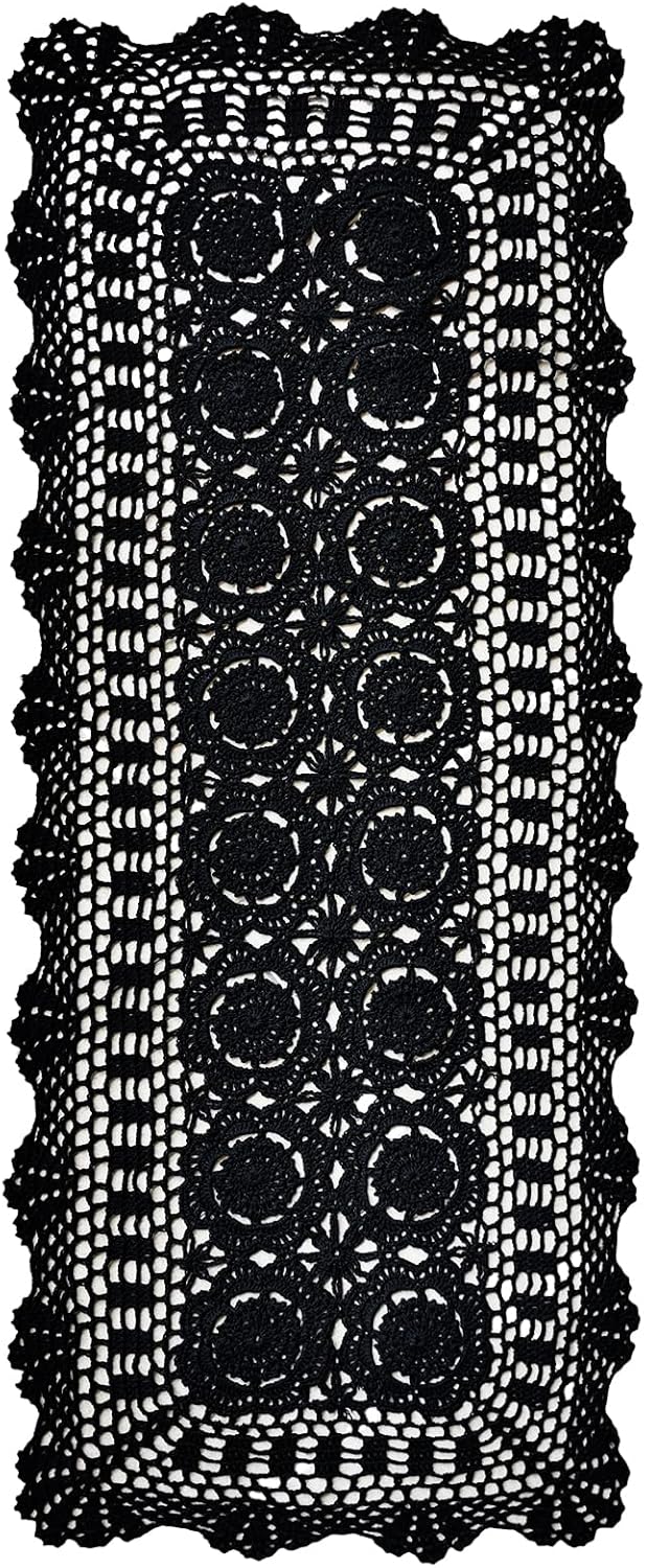 Phantomon Lace Table Runner Rectangular Table Cover Cloth Handmade Crochet Floral Placemats 100% Cotton (Floral Black, 15x39Inch)