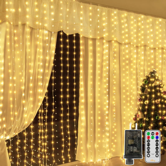 Ollny Curtain Lights 600LED 19.7ft x 9.8ft, IP67 Waterproof Outdoor Curtain Rice Lights with Remote, Plug-in Untangle Rice Curtain Light with 8 Modes 3 Timers for Wall Backdrop Decor(Warm White)