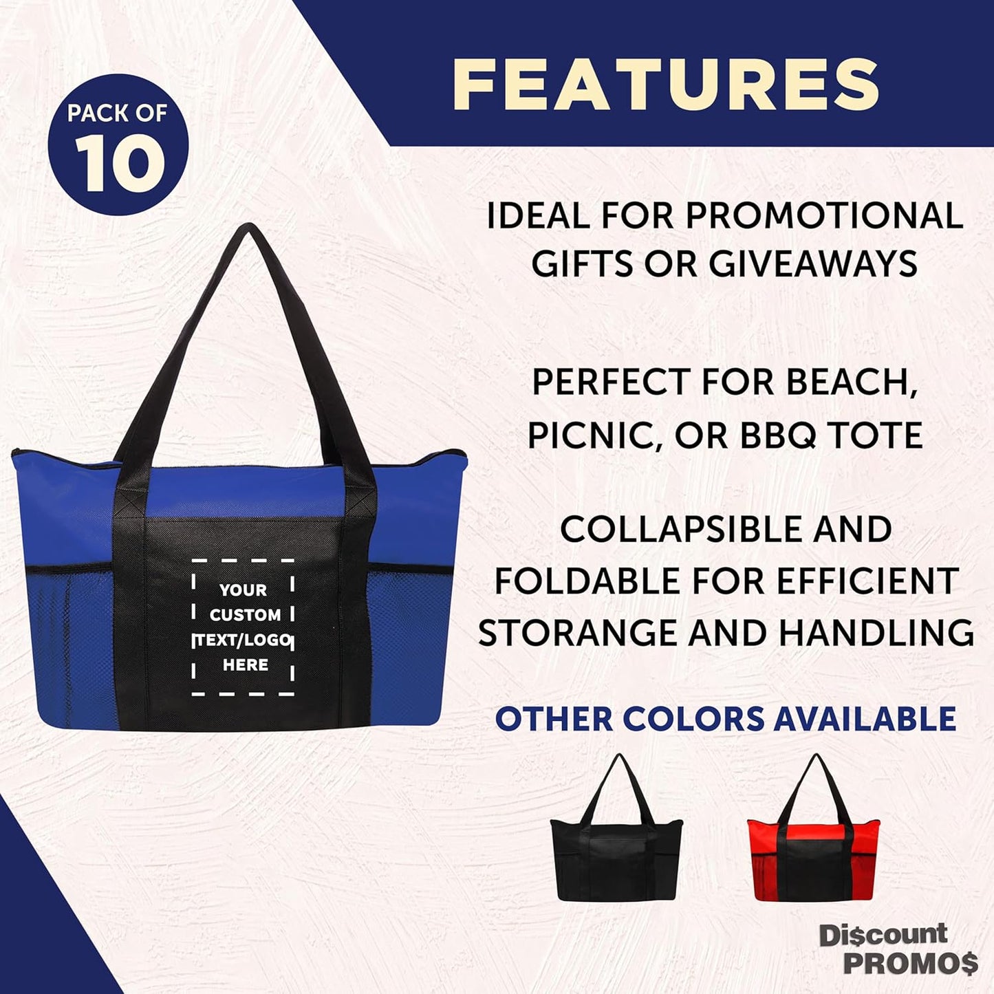 DISCOUNT PROMOS 10 Zippered Non-Woven Tote Bags Set - Customizable Text, Logo - Mesh Pocket, Zippered, Recyclable, Reusable - Blue - 19"X14"X3", with Zipper