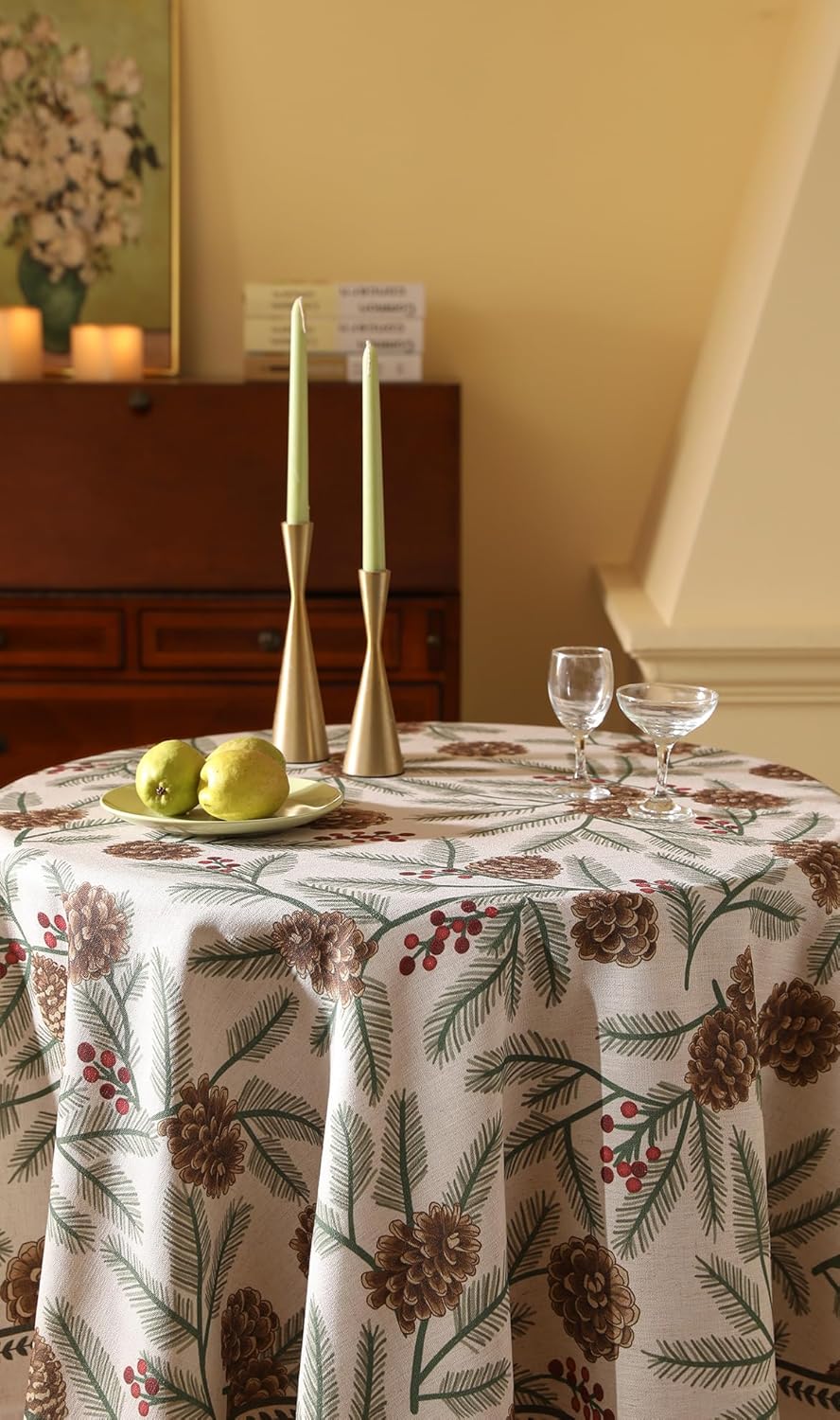 ISAENNE Designer Christmas Beige Linen Round Tablecloth,Pinecones Pattern Indoor Tablecloths,Washable Decor Table Cloth for Dining Thanksgiving Kitchen Christmas,Diameter 67"-Carol B