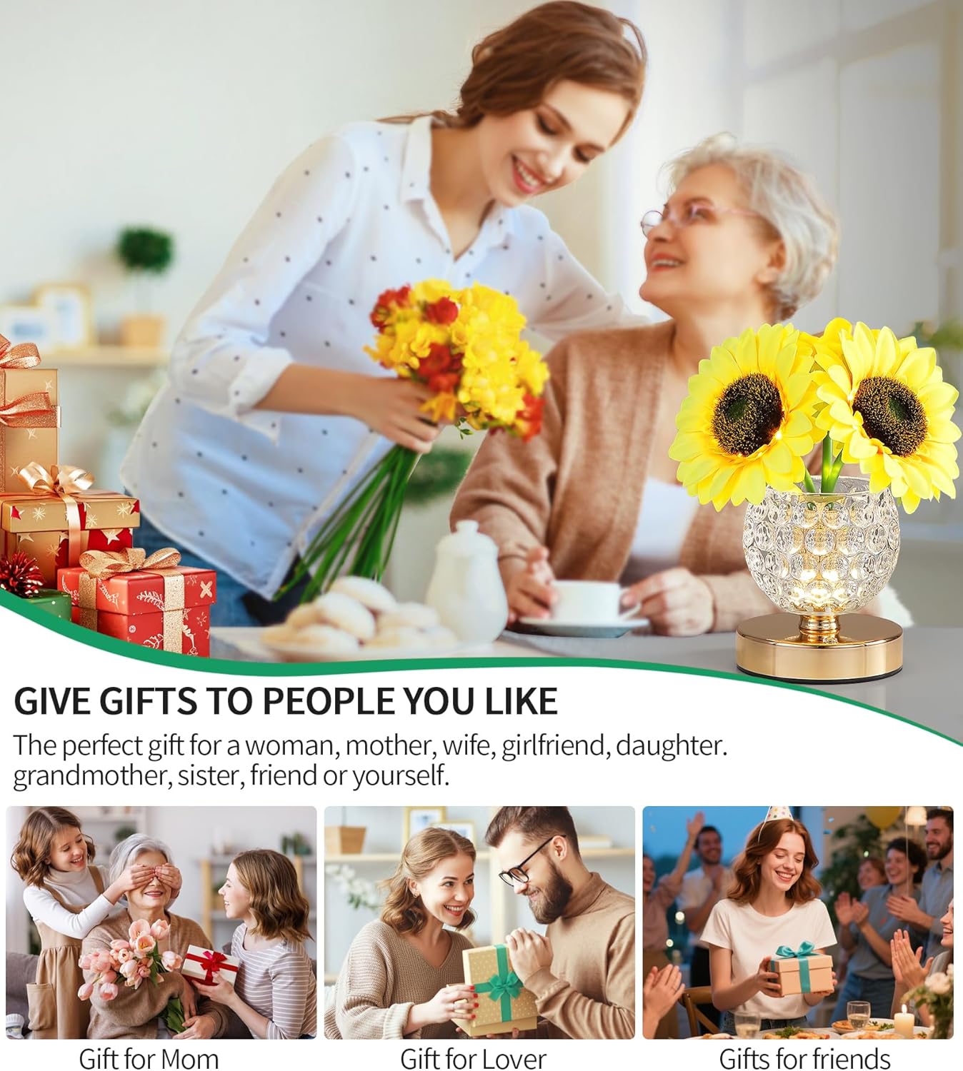 Sunflowers Lamp,Rechargeable Cordless Touch Table Lamp,3-Colour Infinitely Dimming Small Night Light for Home Decor/Restaurant/Bar/Coffee Shop,Gifts for Women/Mom