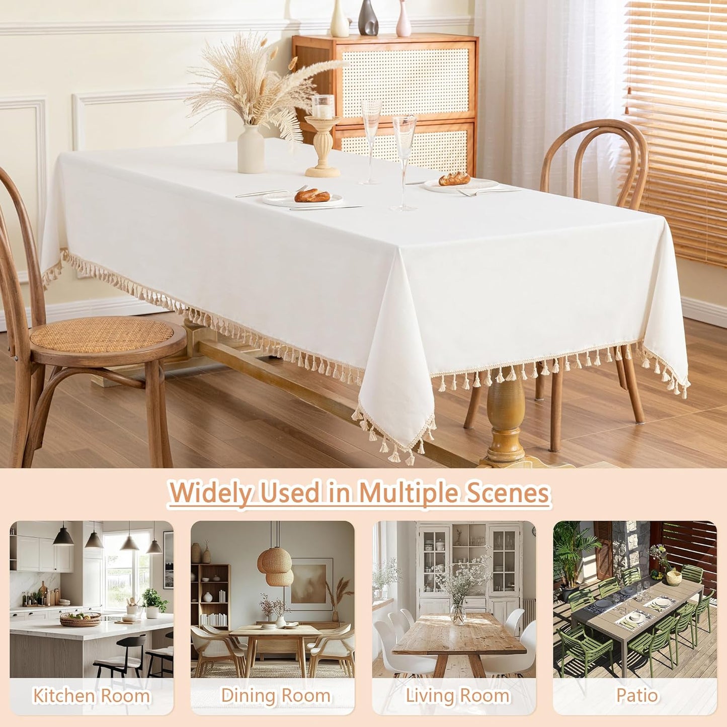 MYSKY HOME White Table Cloth Rectangle, Rectangular Table Cloth, Wrinkle Resistant, Waterproof Tablecloth, Washable Farmhouse Tablecloths, Table Cloths with Tassels for Kitchen Dining, 55"X86"