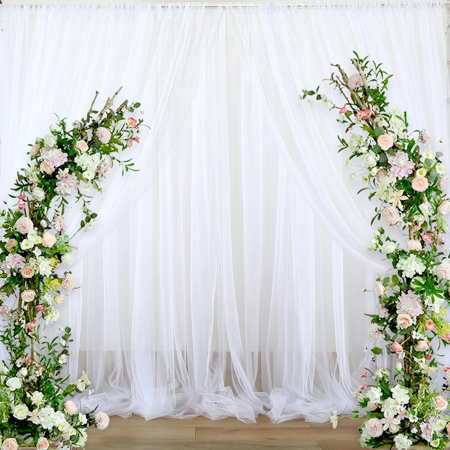 White Backdrop Curtain for Parties 10 ft x 10 ft Sheer Tulle Backdrop Drapes for Wedding Ceremony Birthday Baby Shower Ceiling Drapes Christmas Photo Backdrop Curtain Decorations 2 Panels 5ft x 10ft