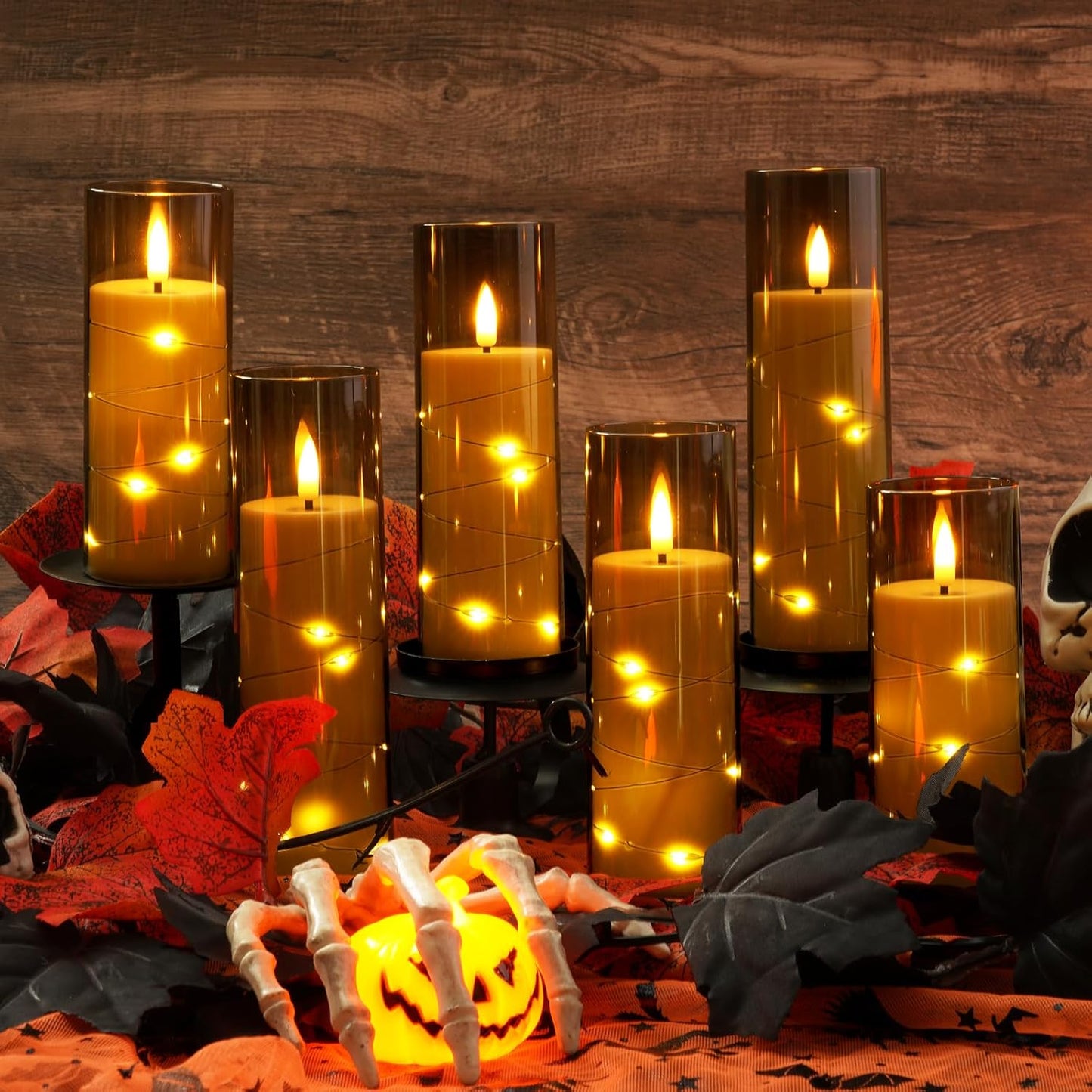 Homemory Flameless Candles with Embedded Star String Fairy Lights, Acrylic Battery Operated Candles with Remote Control and Timer, Flickering LED Candle for Halloween, Grey, Set of 9, D2.2”xH5”6”7”