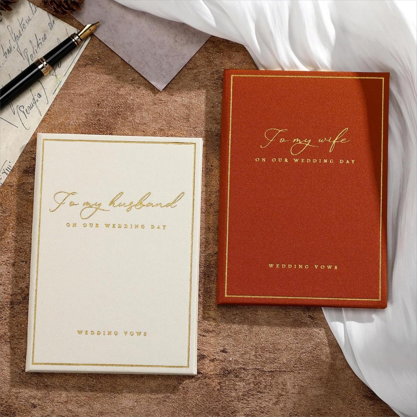 2 Pcs Wedding Vow Books His and Her to Husband Wife Wedding Must Have Registry Ideas Gold Foil Lined Page Premium Engagement Gift for Guest Groom Newly Engaged Couple(Brown-Beige)