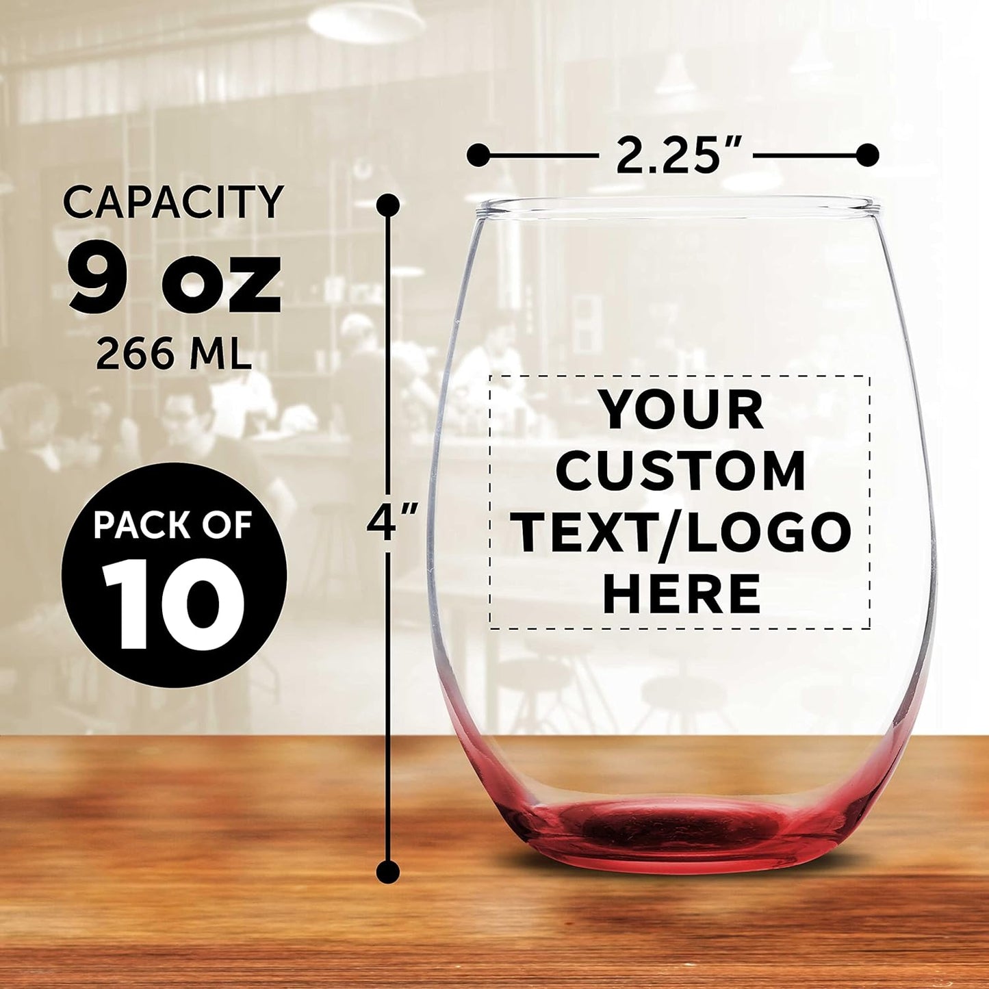 Custom Stemless Wine Glass 9 oz. Set of 10, Personalized Bulk Pack - Great for Wedding Favors, Bachelorette Party Decorations, Party Favors, Color Bottom - Red