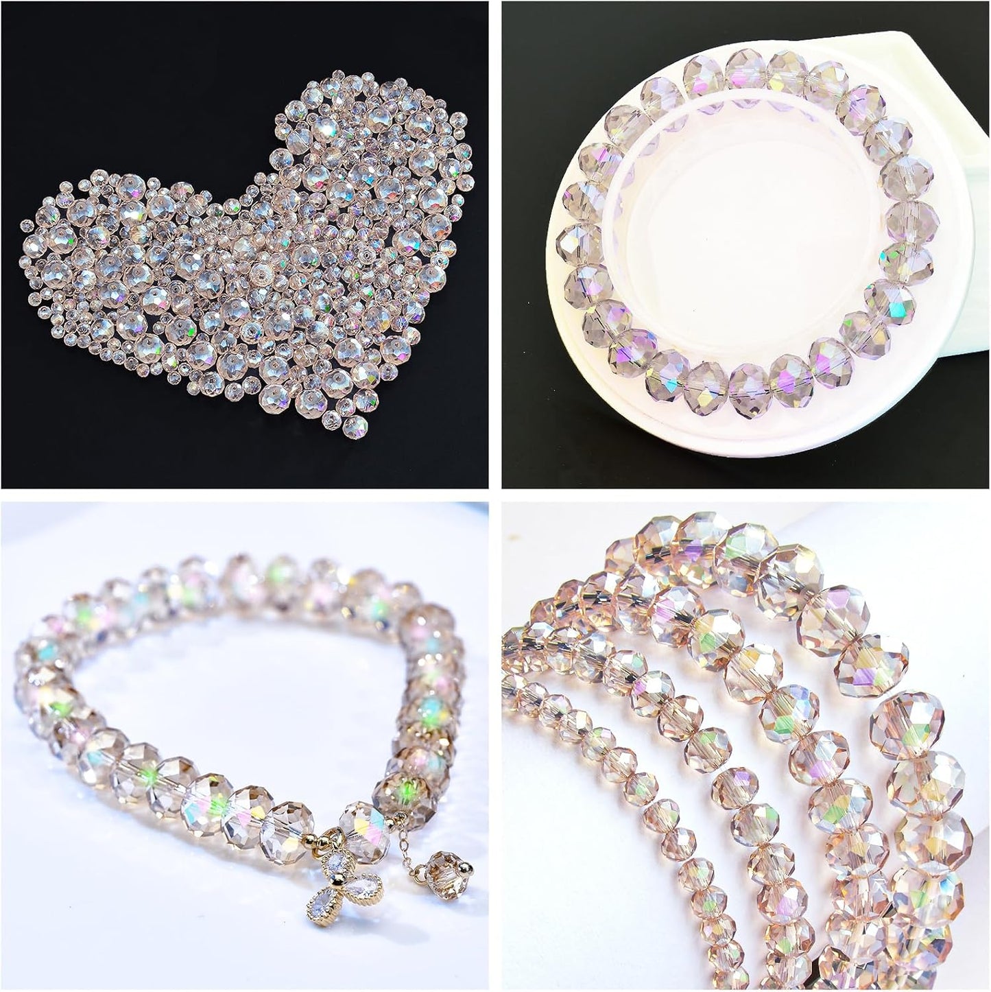 800Pcs 4/6/8/10mm Crystal Glass Beads for Jewelry Making Beads for Bracelets Necklace Pendants Making Supplies(Silver Champagne)