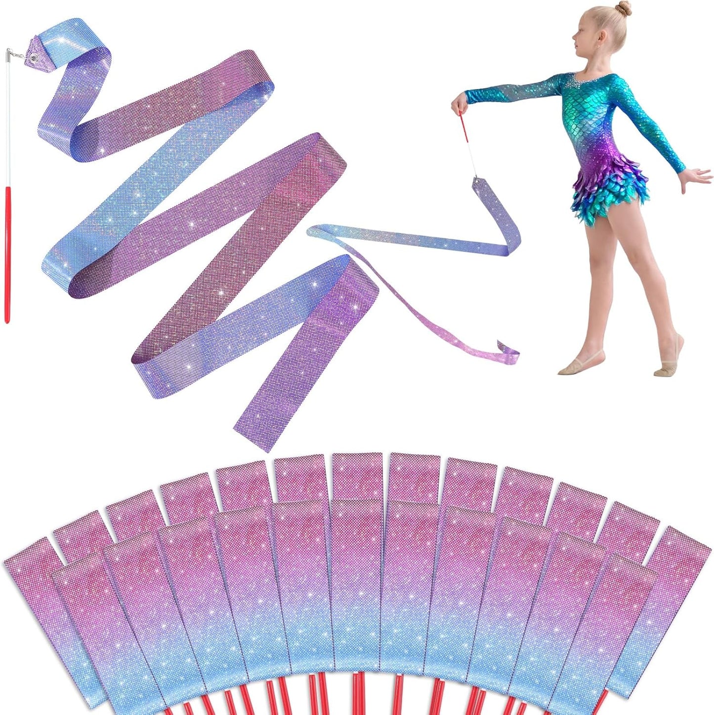 24 Pcs Sparkling Dance Ribbon for Kids Rhythmic Gymnastics Birthday Party Favors Twirling Streamer for Girl Princess Artistic Dancing Outdoor Game Supplies(Gradient Blue Purple)