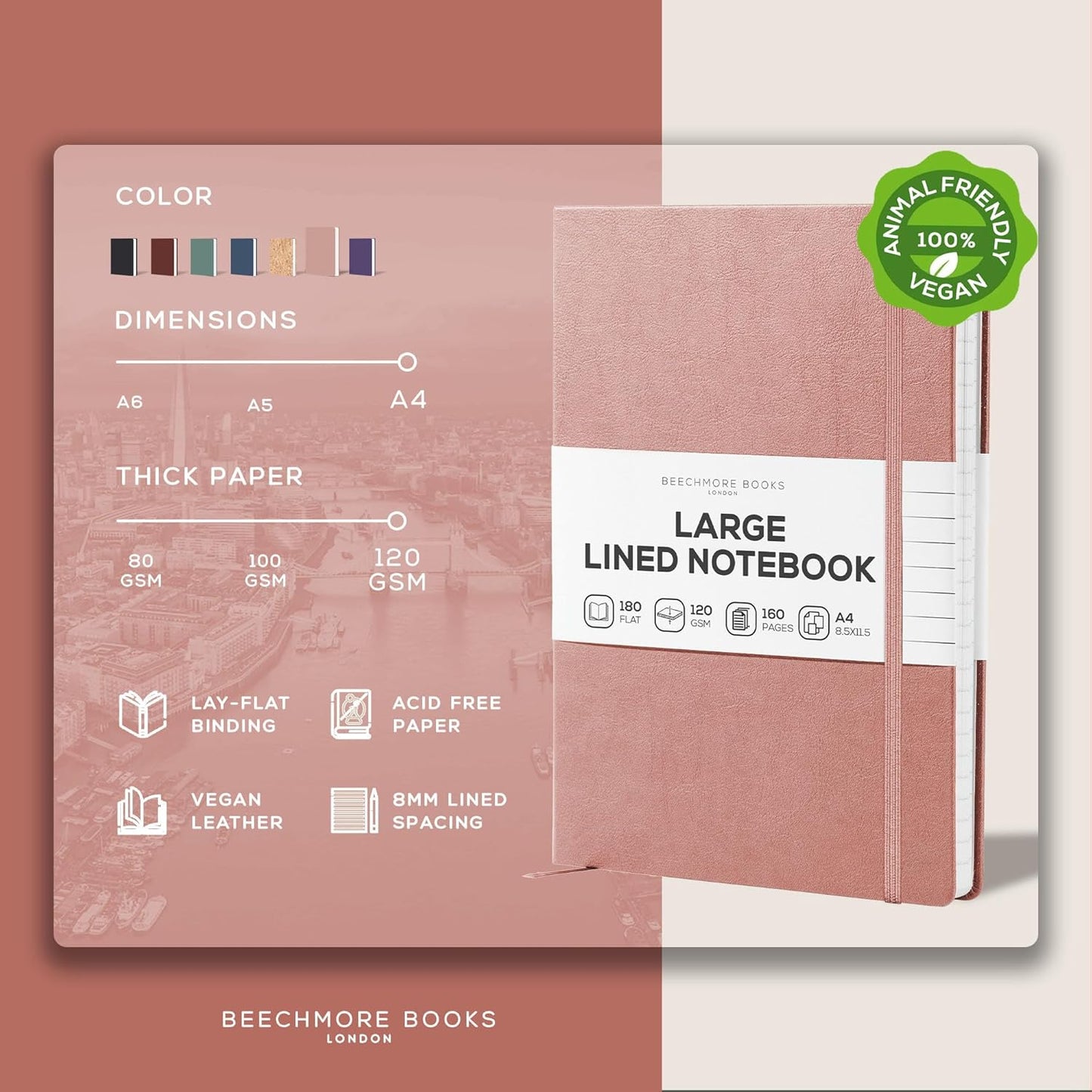 BEECHMORE BOOKS Lined Journal Notebook, 8.5 x 11.5 inch, A4 160 Lined Pages, Hardcover Leather Journals for Women, Men, Writing and Notebooks for Work - 120 GSM Thick Paper, Gifts Box Included