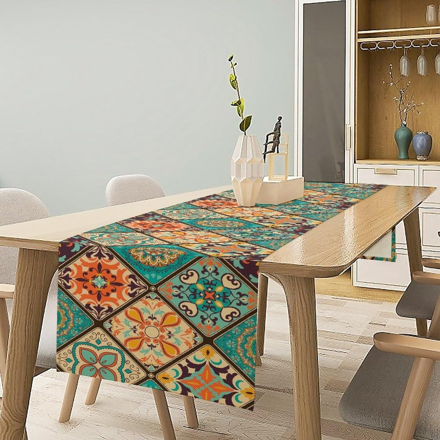 Boho Floral Table Runner,Vintage Bohemian Style Table Runner for Kitchen Dining Table Home Party Decoration 13x60 Inch