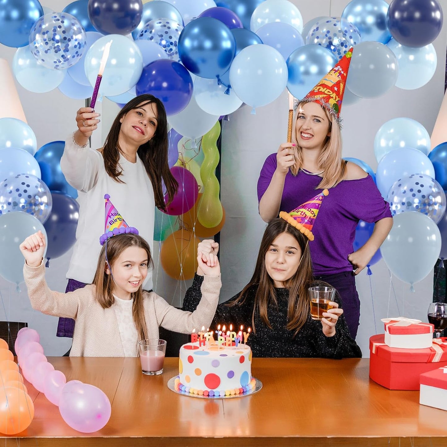 100pcs Blue Balloons - 12inch Metallic Royal Navy & Pearl Blue Balloons with Confetti for Birthday Baby Shower Graduation Party Decorations (with 66ft Ribbons)