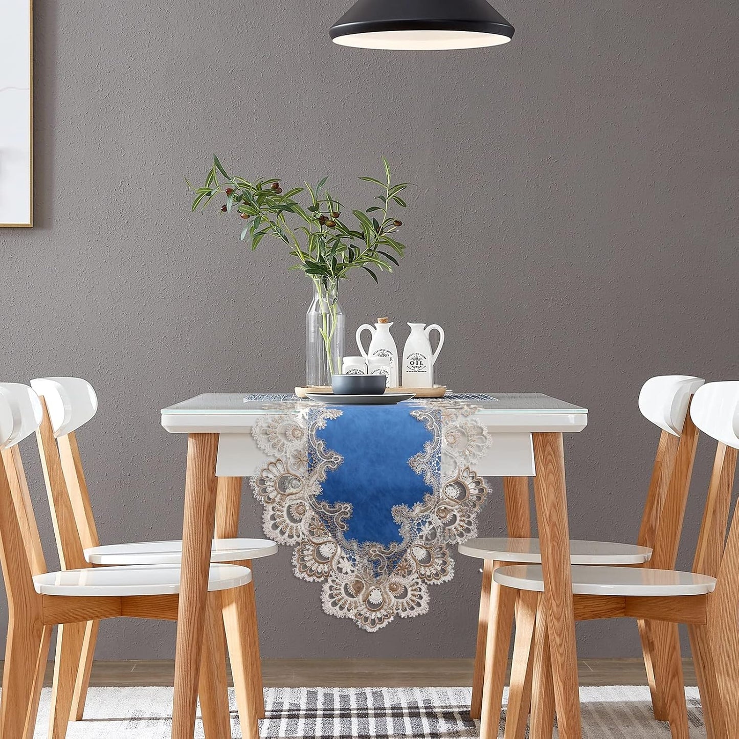 Vintage Lace Dining Table Runner, 120 Inches Floral Coffee Table Runners for Kitchen Home Christmas Party Decorations (16x120 inch, Blue)