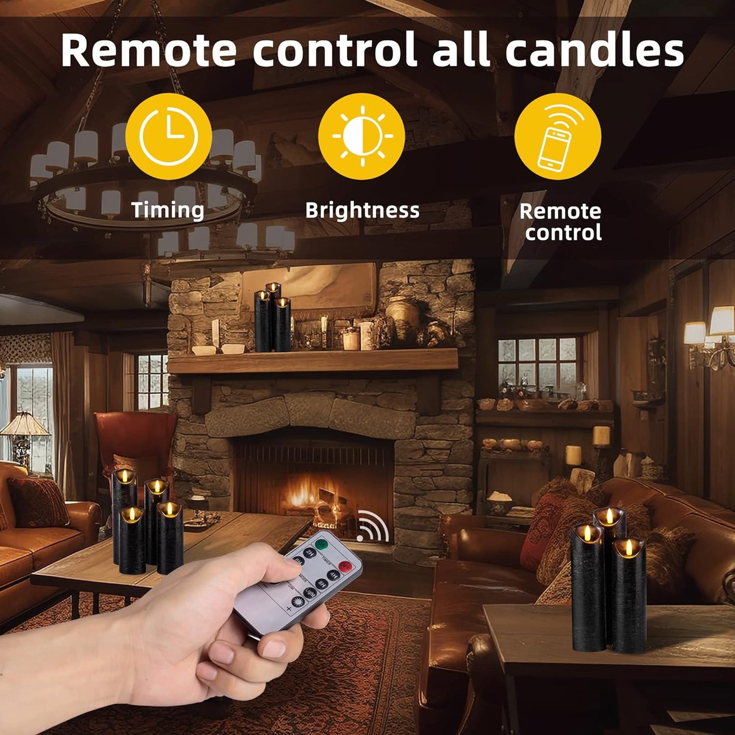 Hausware Set of 9 Flameless Candles Battery Operated LED Real Wax Flickering Electric Candles with Remote Control Timer for Wedding Birthday Halloween Christmas Decorations (Black Color)