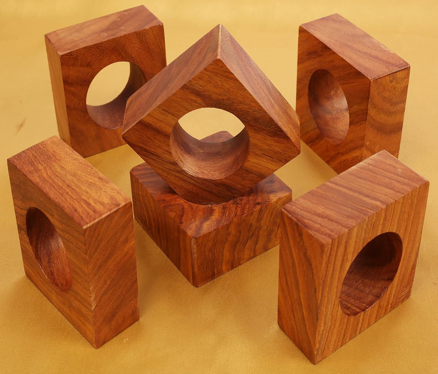 Finely Handcrafted Natural Wood Square Shape Large Size Party Dining Table Napkin Holders in Natural Tone. (Set of 6).