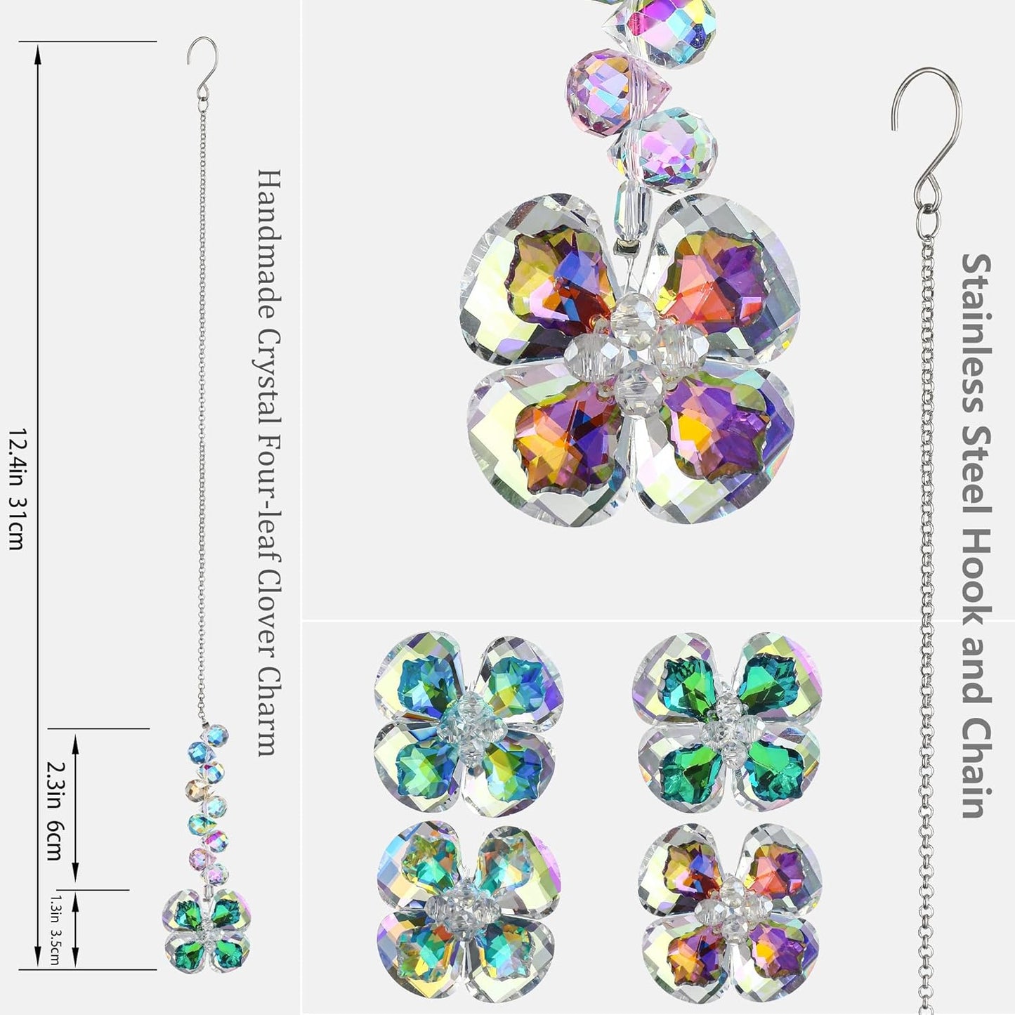 HDCRYSTALGIFTS 4pcs Four Leaf Clover Sun Catchers with Crystals Rainbow Prisms Window Suncatcher Hanging Indoor Decorations, St Patricks Day Accessories Spiritual Gifts for Women, Mom, Family, Friends