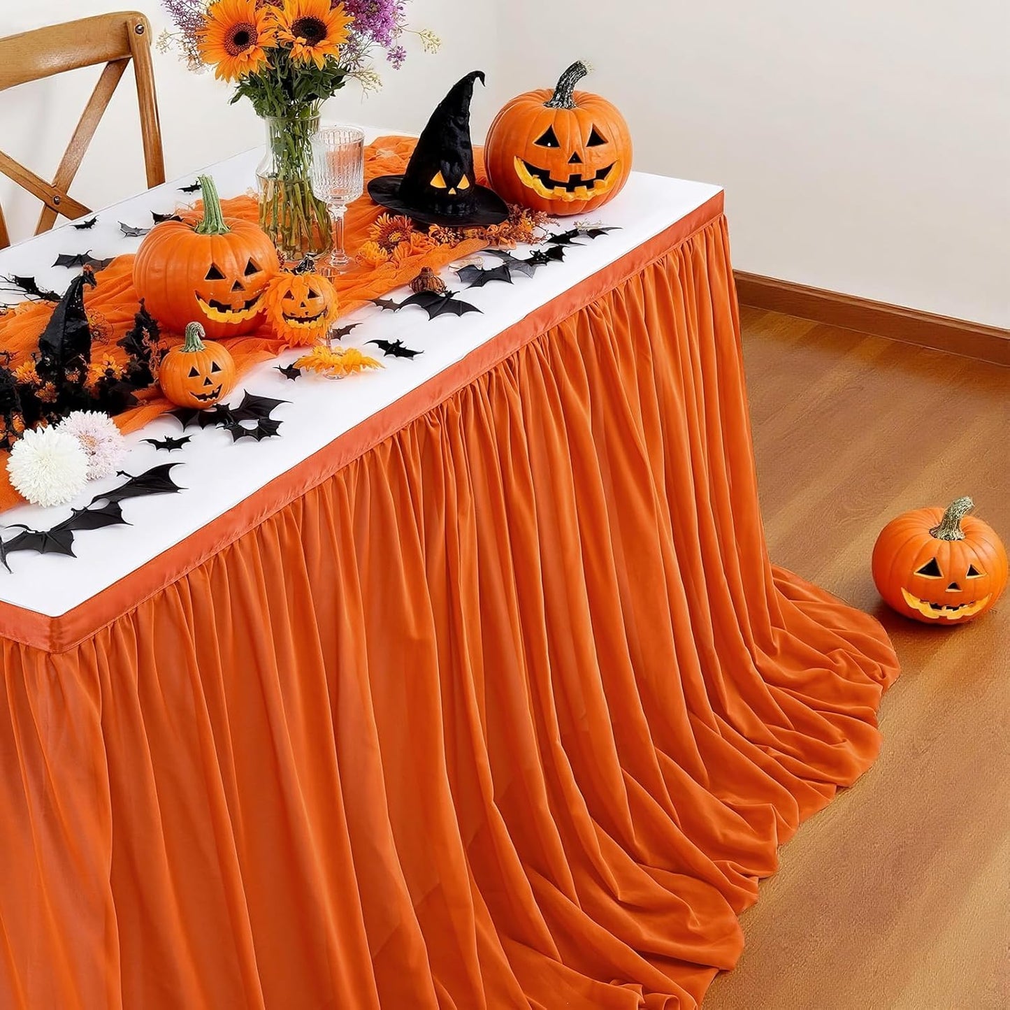 Terracotta 6ft Chiffon Table Skirt for Rectangle Tables or Round Tables Sheer Tablecloth for Halloween Birthday Party Wedding Baby Shower Cake Dessert Decor